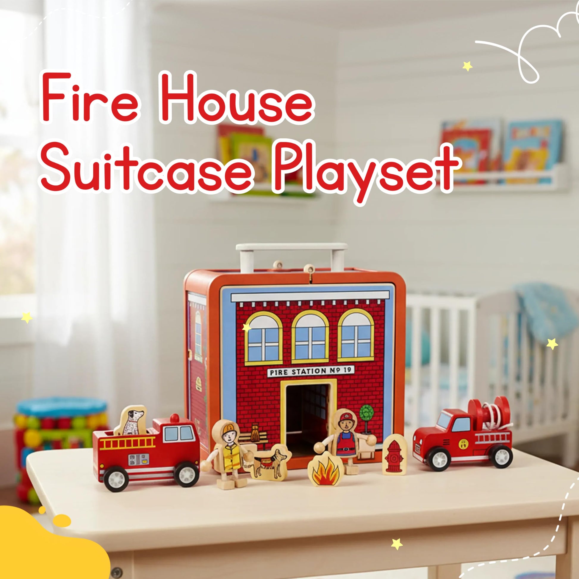 Jack Rabbit Creations Fire House Suitcase Playset - 15 Pieces - Ages 3+