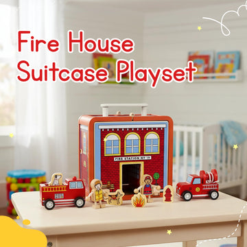 Jack Rabbit Creations Fire House Suitcase Playset - 15 Pieces - Ages 3+
