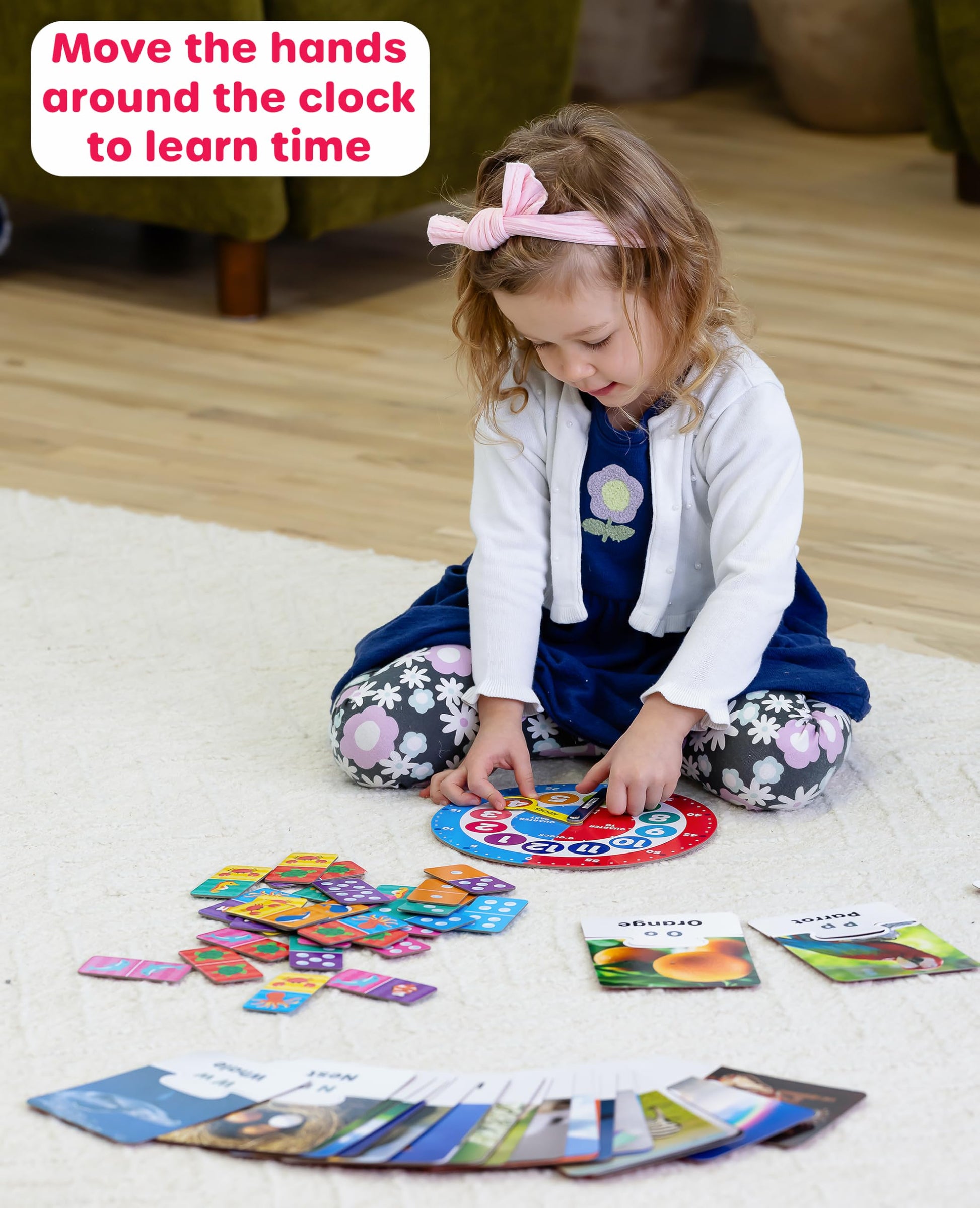 Jasey's Toy Chest 4-in-1 Learn & Play Pack | Puzzle Cards, Dominoes, Teaching Clock & Shoe Tying Activity Set | Educational Toy for Toddlers Ages 4+