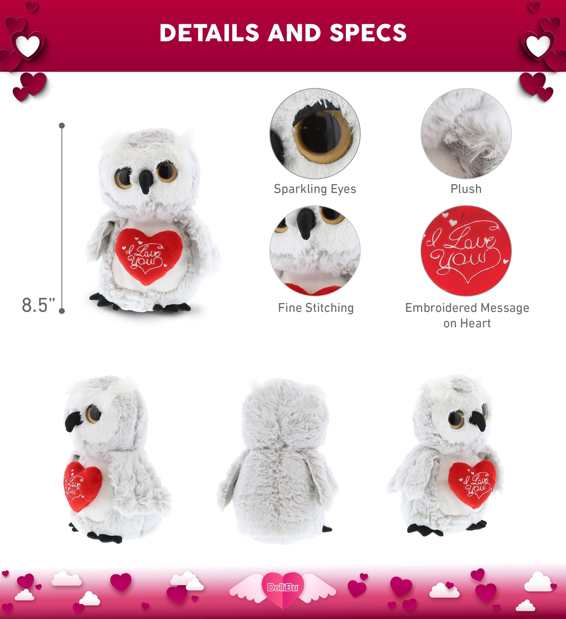 DolliBu I Love You Valentine Plush Big Eye Owl Bird - Cute Stuffed Animal with Red Heart and Name Personalization Gift for Valentines Day, Birthday