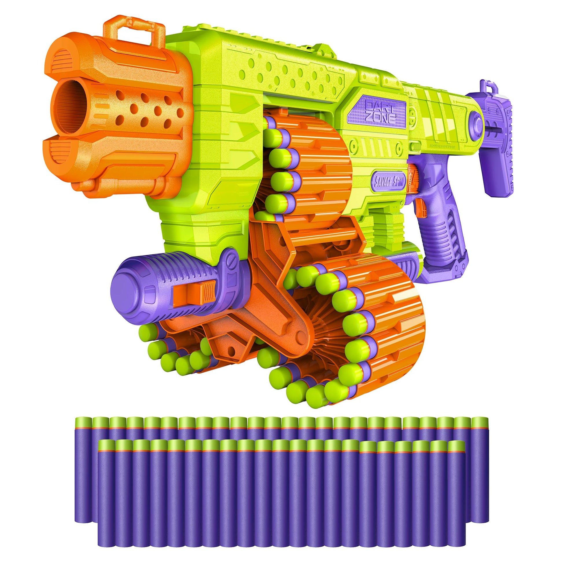Dart Zone Savage Spin Semi-Auto Foam Dart Blaster - 45-Dart Triple-Drum Motorized Foam Dart Gun - NERF Dart Compatible Soft Bullet Toy Gun for Kids 45