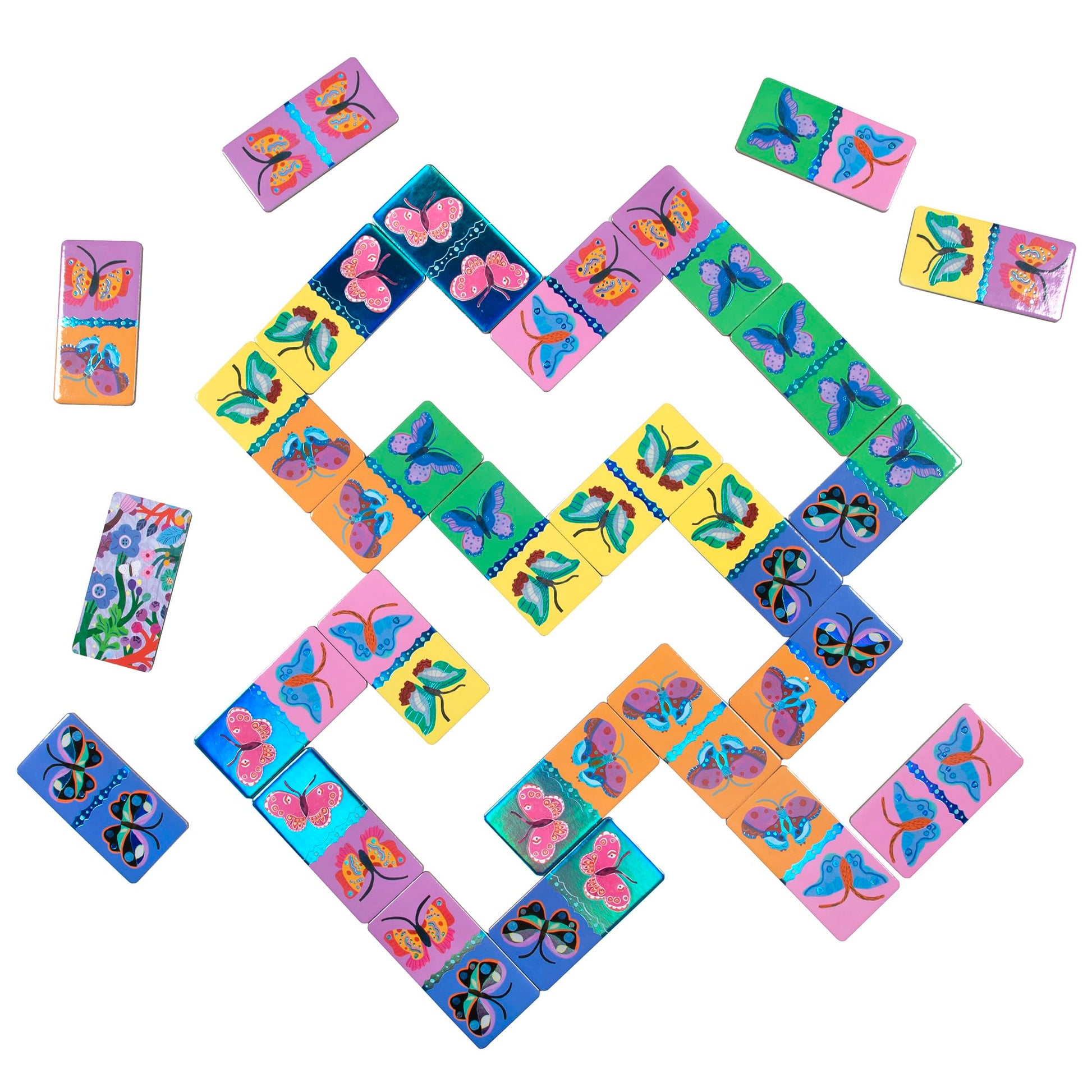 eeBoo Giant Shiny Butterfly Dominoes - 28 Oversized Tiles, Colorful Holographic Foil, Tile Laying Matching Game, Screen-Free Fun, Kids Ages 3 and up