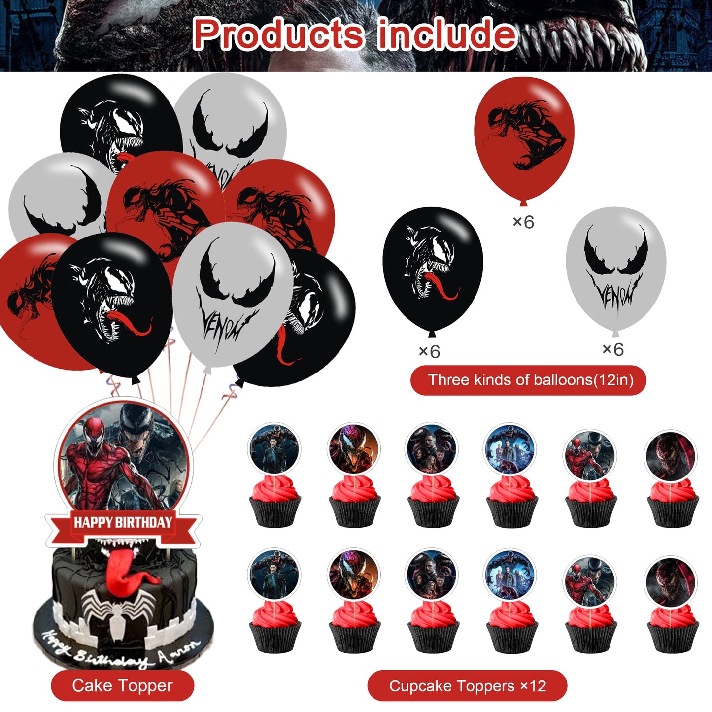 DZZK Venom 2 Party Decorations, Venom 2 Birthday Party Supplies - Includes Banner, Cake Toppers, Cupcake Toppers, Balloons, Stickers - Red, Cartoon