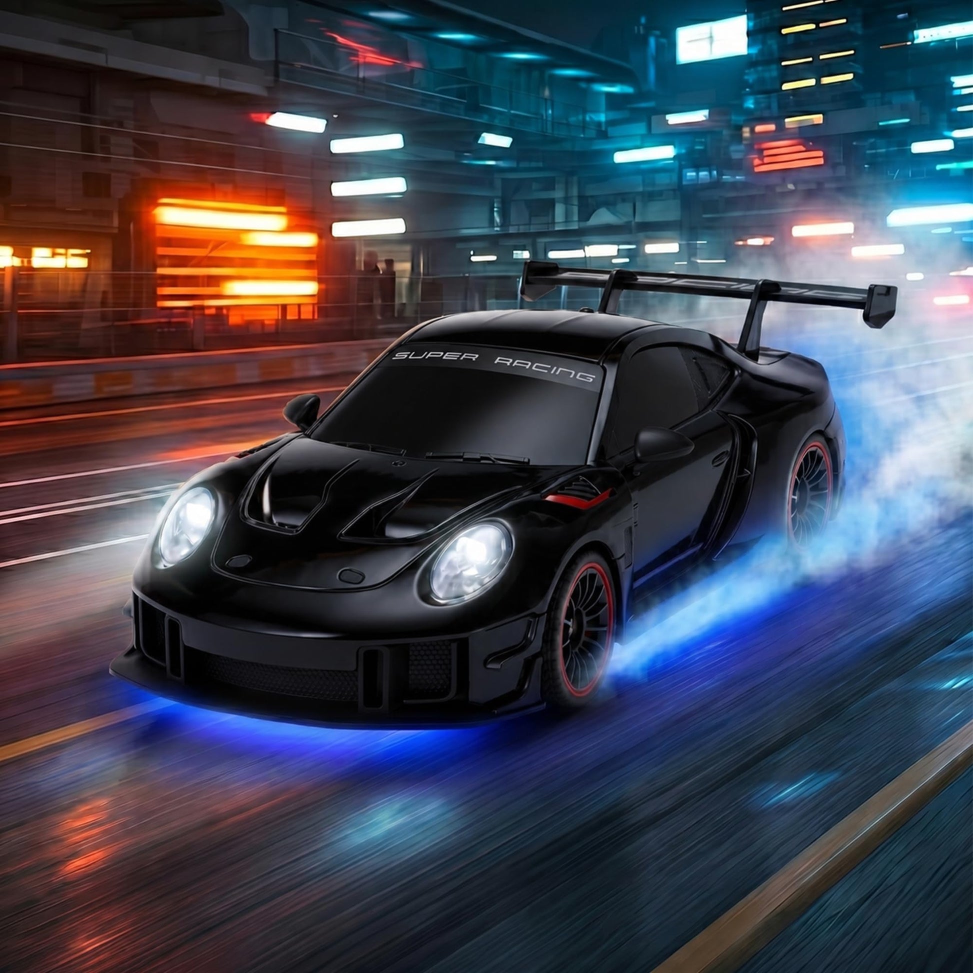 RC Drift Car with LED Headlights, Spray Mist & Underbody Lights, 2.4GHz Remote Control Car, High Speed RC Car with Extra Drift Tires, RC Cars