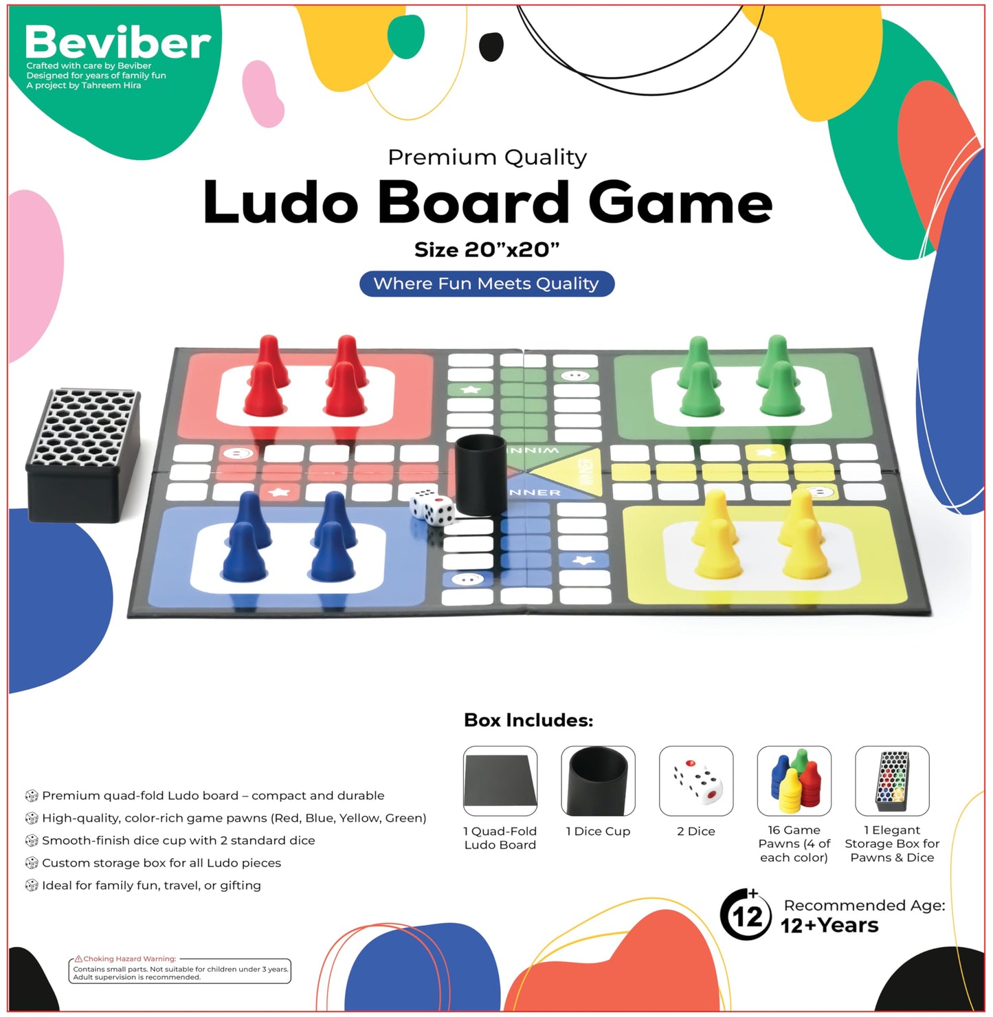 Premium Ludo Board Game Set - 20"x20" Quad-Fold Game Board with 16 Colorful Pawns, Dice Cup, 2 Dice & Storage Box
