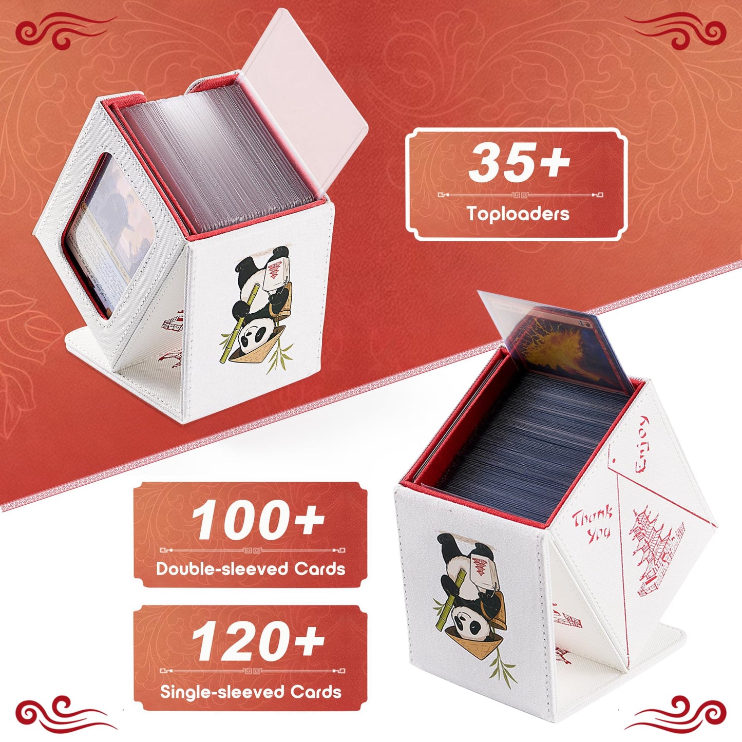 Venssu Chinese Takeout Deck Box with Commander Display, MTG Deck Case Fits 100 Double Sleeved Cards / 35+ Toploaders, Fake Leather Storage Box