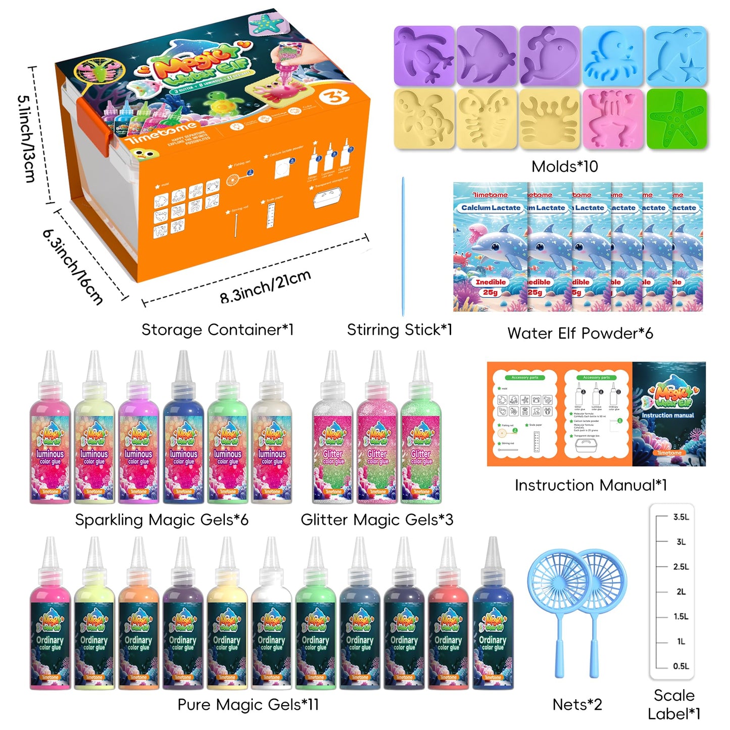 Timetome Magic Water Elf Toy Kit for Kids - 20 Gels (11 Standard + 6 Glitter + 3 Glow) & 10 Molds, DIY Squishy Maker, Aqua Fairy Gel Toys, Night Glow