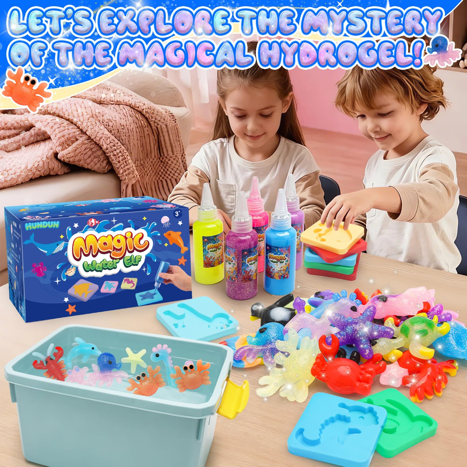 HunDun Squishy Making Kit Water Squishy Toy,Magic Water Elf Toy Kit for Kids,Water Pets Sensory DIY Craft Kit with 22 Gels & 14 Molds.Squishy Toys