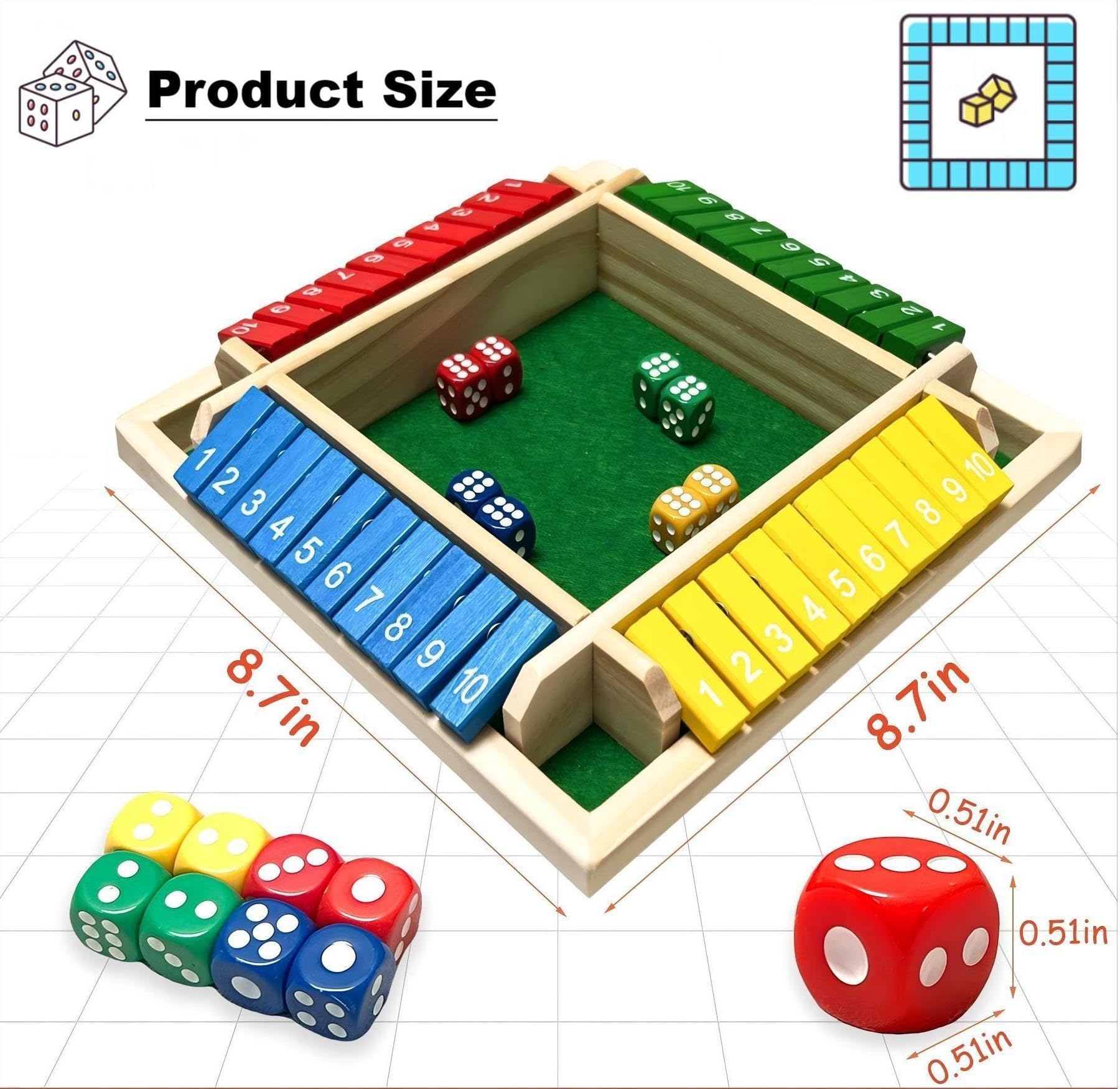 Shut The Box Game Dice Game, 2-4 Player Math Learning Toy for Adult Kids 5-7 8-12, Educational Wooden Board Tabletop Game with 8 Dice for Family