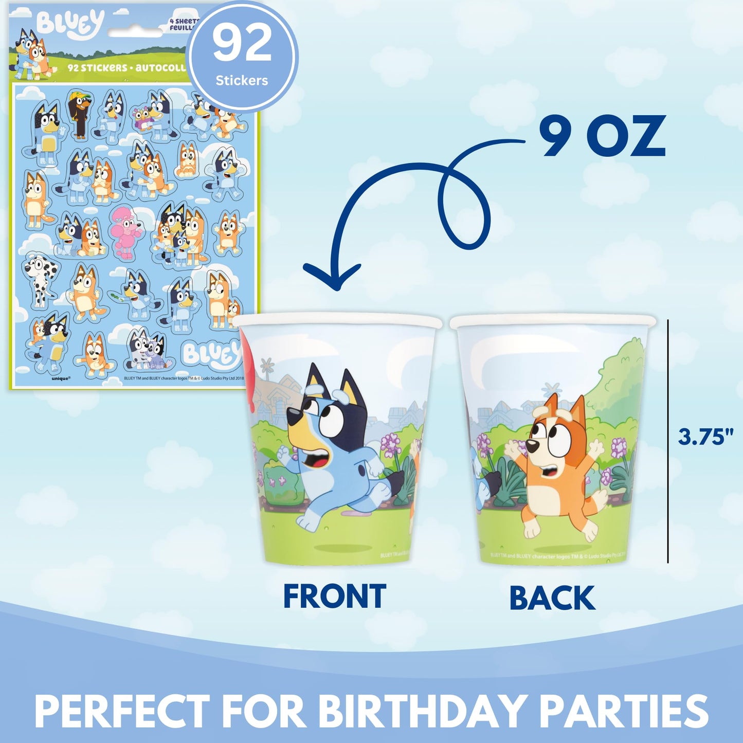 Unique Bluey Cups with Stickers | 16 Paper Cups, 4 Sticker Sheets, Checklist | Bluey Birthday Decorations | Party Supplies for Boys and Girls |
