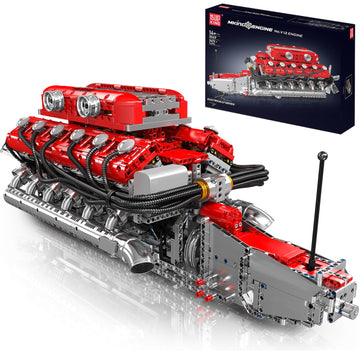 Mould King V12 Engine Model Kit that Runs - Motorized Mini Engines Building Blocks Set with Battery & Gearshift, Car Construction STEM Toy for Adults
