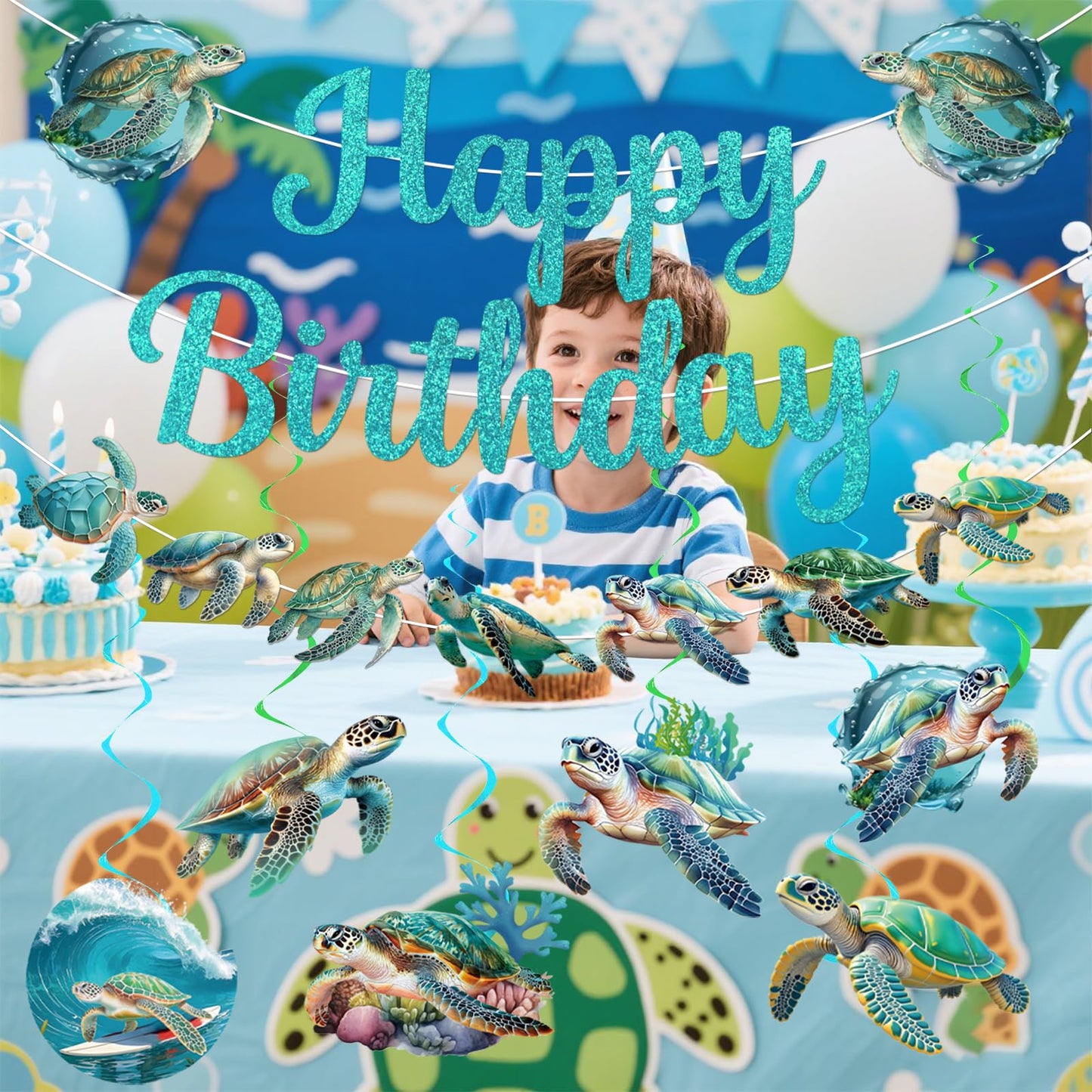 Sea Turtle Birthday Banner with Garland Hanging Swirls, Turtle Birthday Decorations for Ocean Themed Party