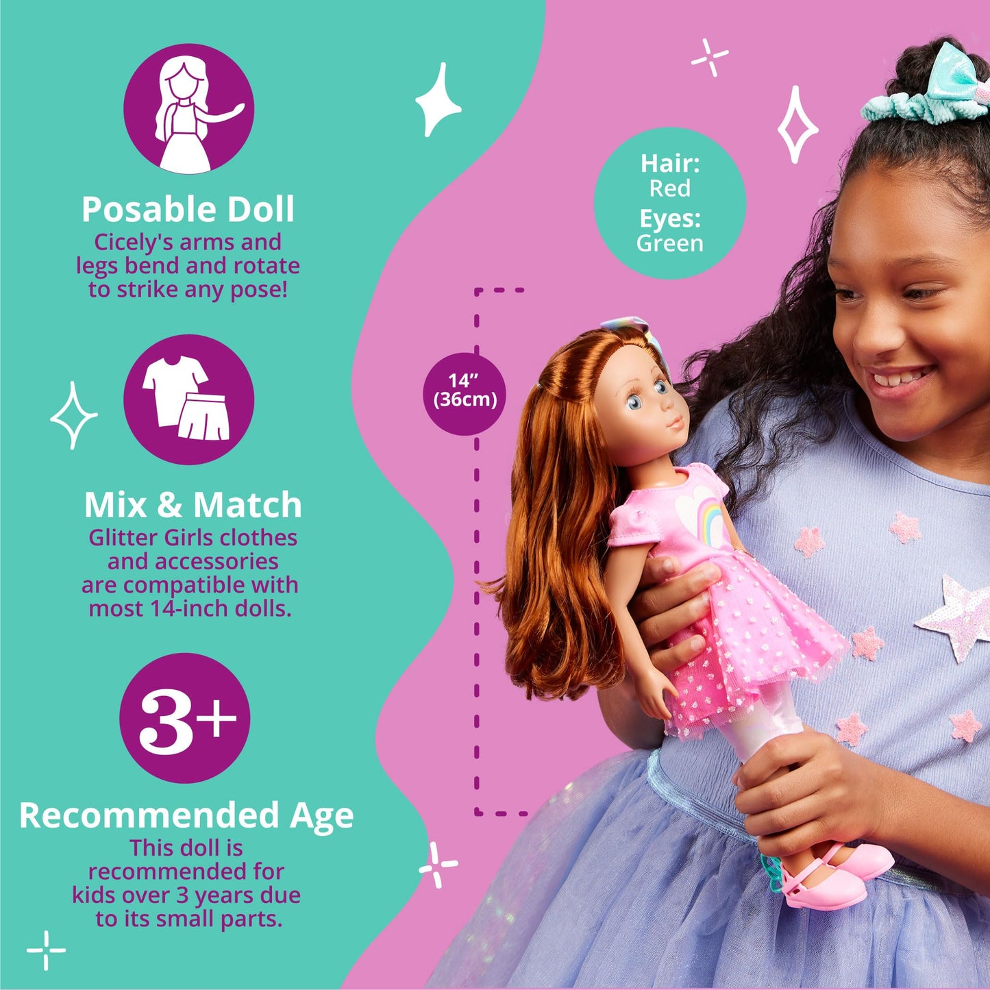 Glitter Girls - 14-Inch Birthday Doll - Red Hair & Green Eyes - Rainbow Heart Dress, Birthday Hat, Cake, Balloon, Gift - Toys, Clothes, and