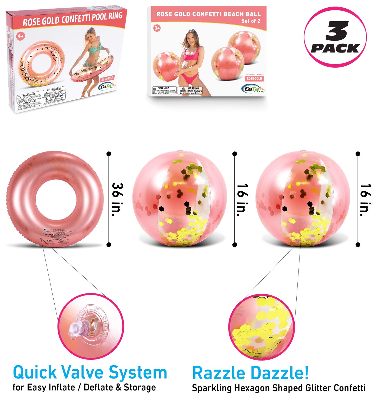 Mozlly Rose Gold Inflatable Beach Balls and Pool Float Tube Bundle - Premium Swim Ring Pool Float and Glitter Beach Ball Set, Fun Pool Floats