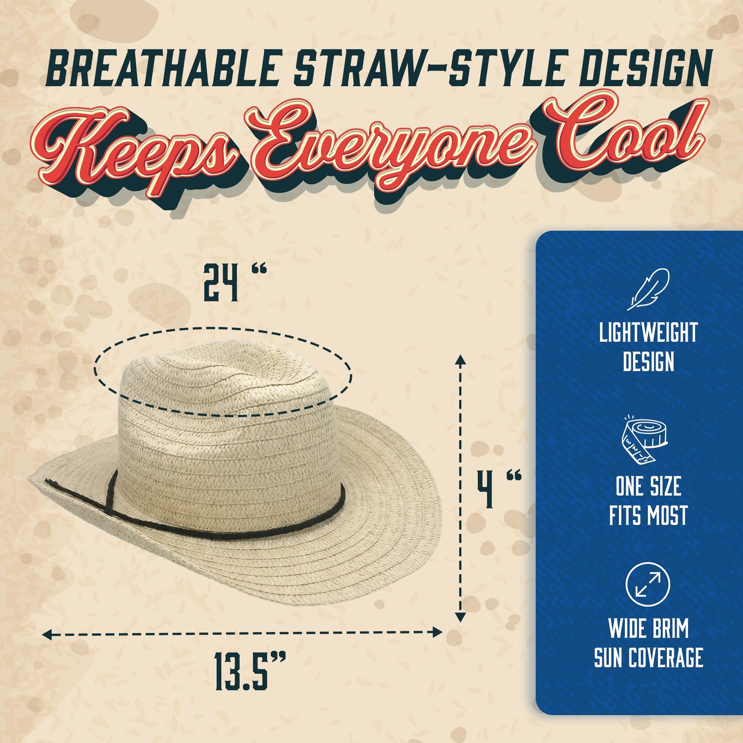 Podzly Straw Cowboy Hats 12 Pack - 24" Circumference Western Style - Plain