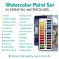MozArt Supplies Watercolor Paint Essentials Set - Lightweight and Portable Metal Box - Lid Has 3 Partitions for Color Mixing - Easy-to-Blend Non-Toxic