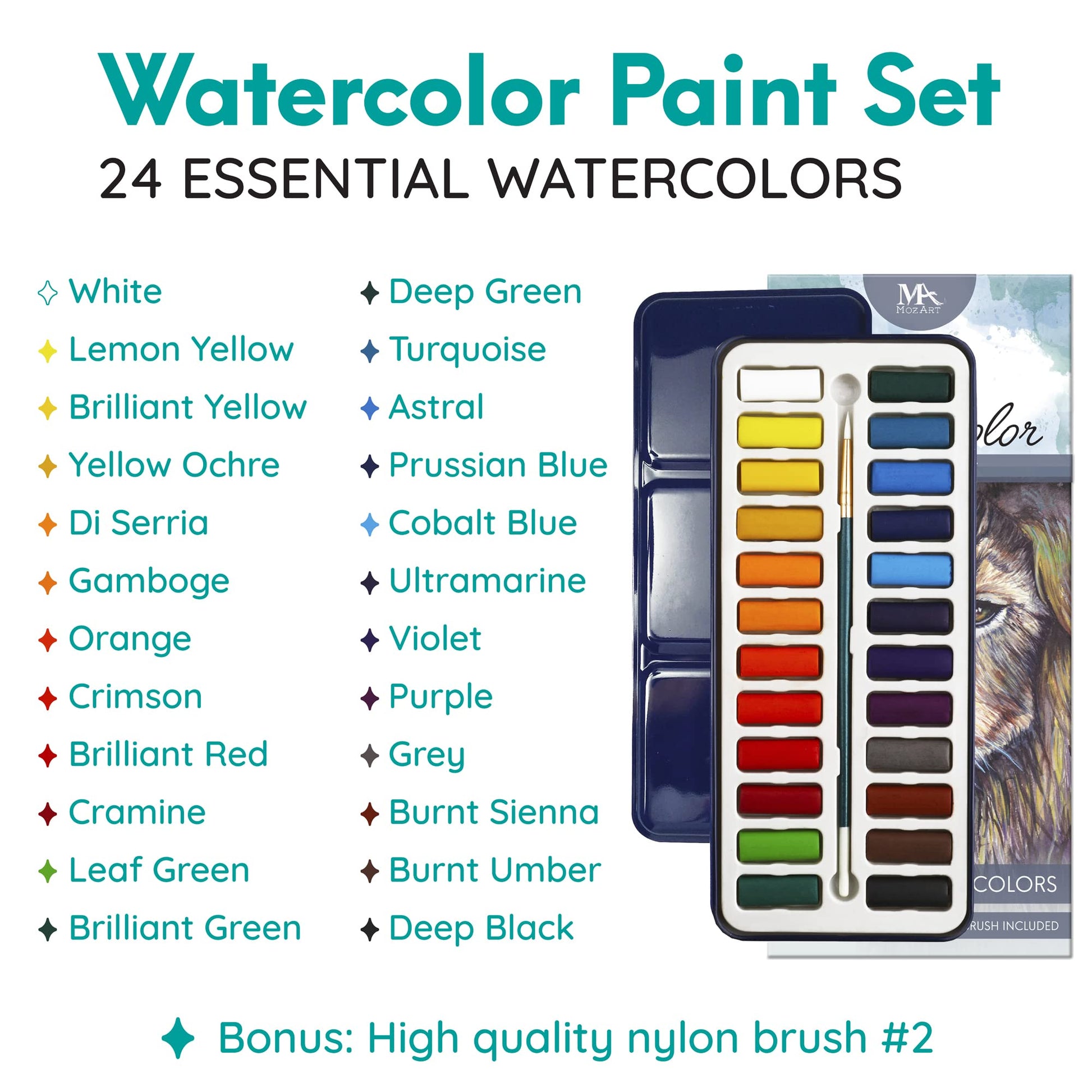 MozArt Supplies Watercolor Paint Essentials Set - Lightweight and Portable Metal Box - Lid Has 3 Partitions for Color Mixing - Easy-to-Blend Non-Toxic