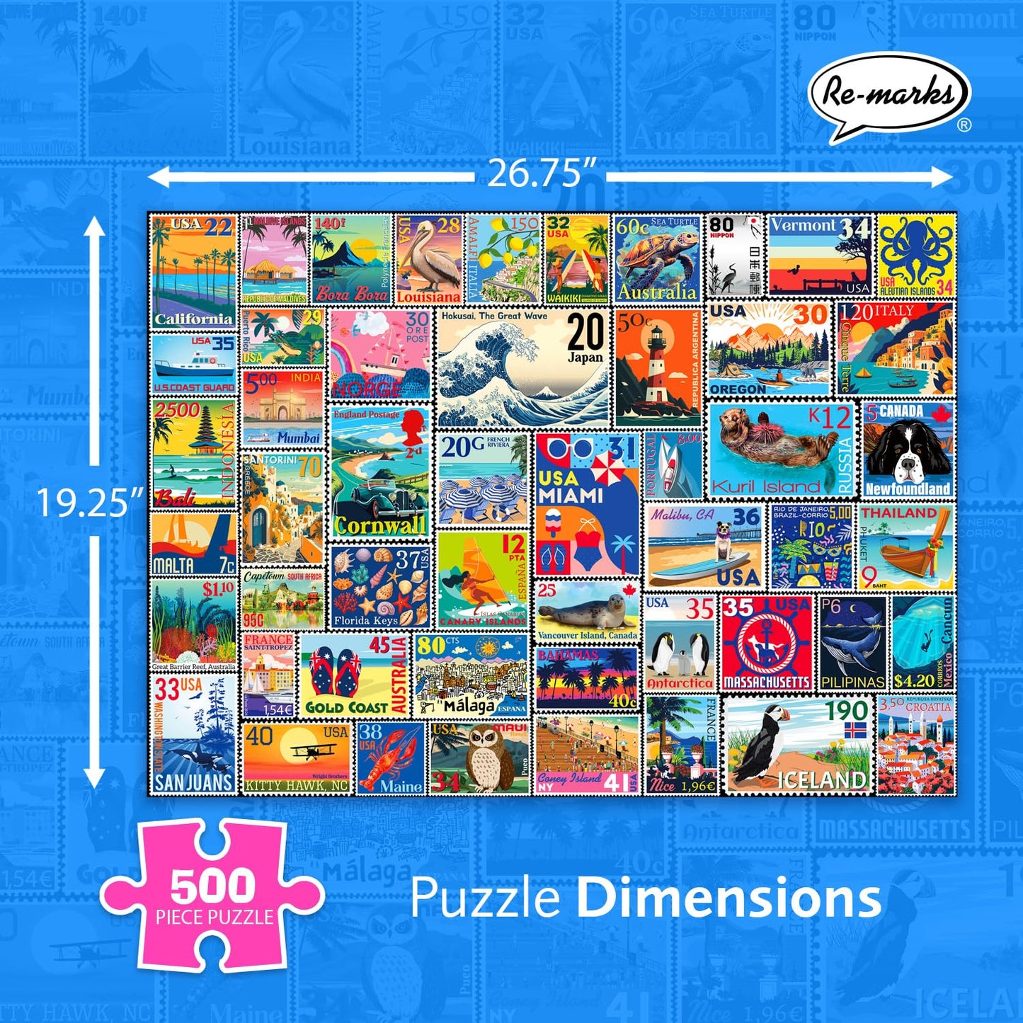 Re-marks Coastal Stamp Collage Puzzle, 500 Large Piece Jigsaw Puzzle for All Ages