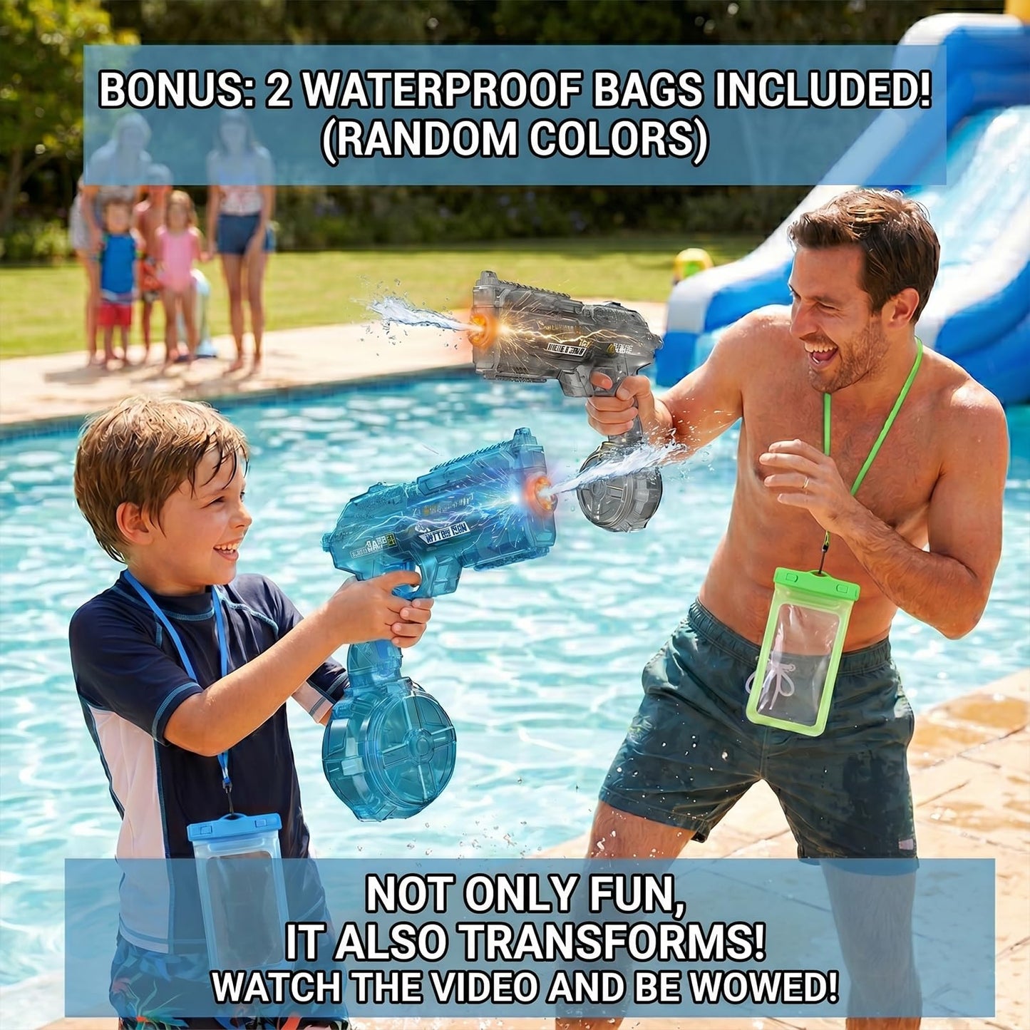BSTHOK Electric Water Guns Water Blaster 2-Pack, Automatic High-Capacity Water Rifle with Drum Magazine & Red Dot Sight, Transparent Pro Squirt Guns