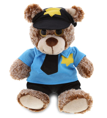 DolliBu Sitting Brown Teddy Bear Stuffed Animal - Soft Sitting Stuffed Bear Plush Toy with Police Uniform and Cap Outfit, Fluffy Teddy Bear Police Toy