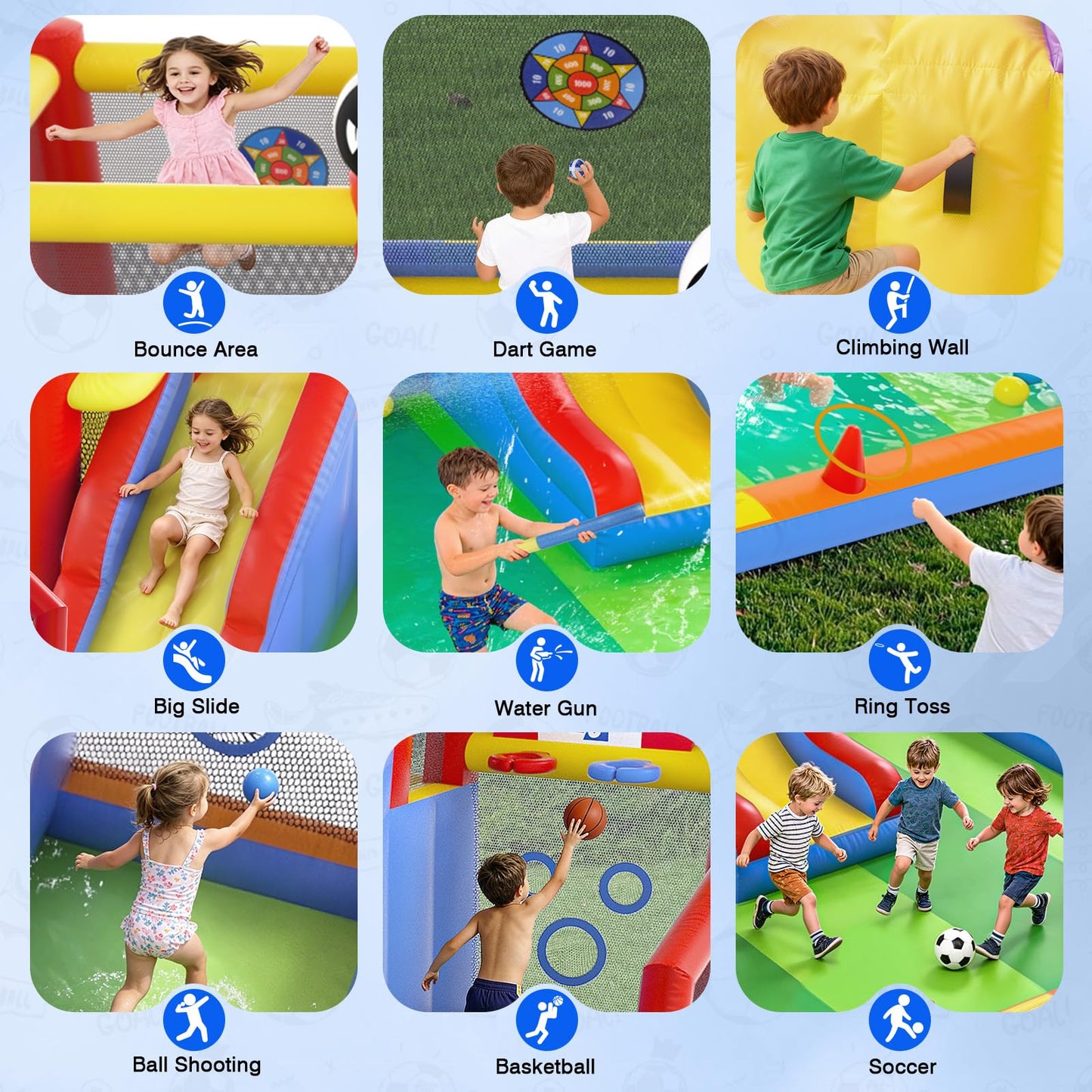 15.91x15.82FT Inflatable Bounce House with Water Slide for Kids 3-12, 11 in 1 Soccer Bounce House with Air Blower, Bouncy House with Slide, Climbing