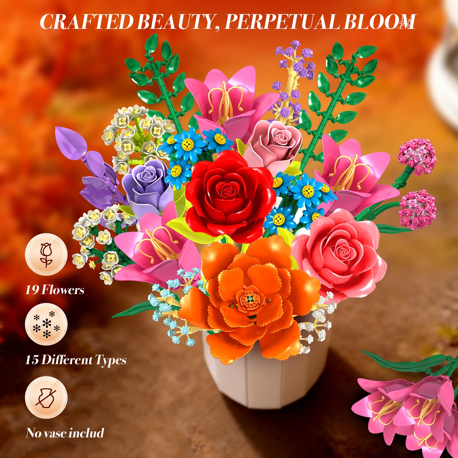 Flowers Bouquet Building Blocks Set - 19 Colorful Flower Building Set Rose, Lily, Peony, 1010 PCS DIY Artificial Botanical Collection for Adults Women
