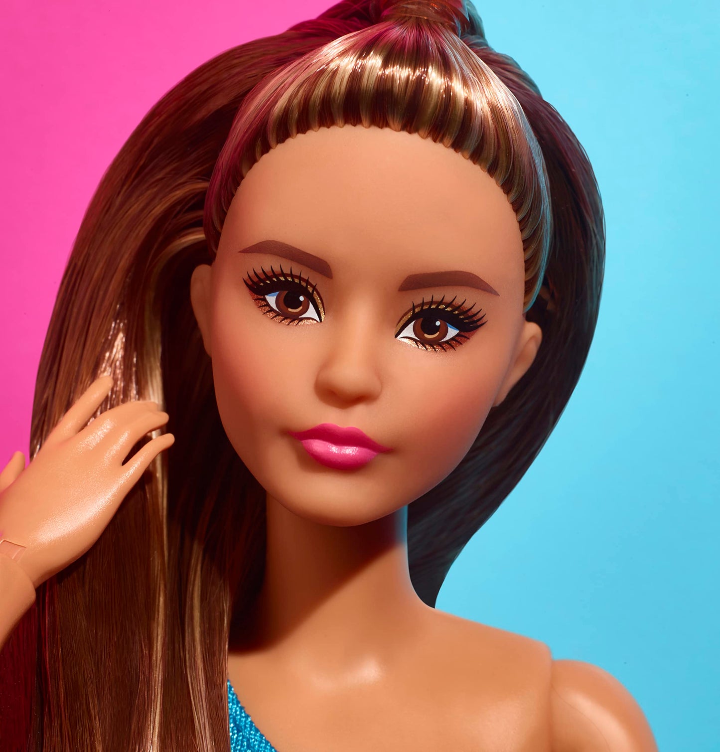 Barbie Looks Fashion Doll with Brown Hair Wearing One-Shoulder Pink & Blue Midi Dress, Collectible with Posable Made to Move Body