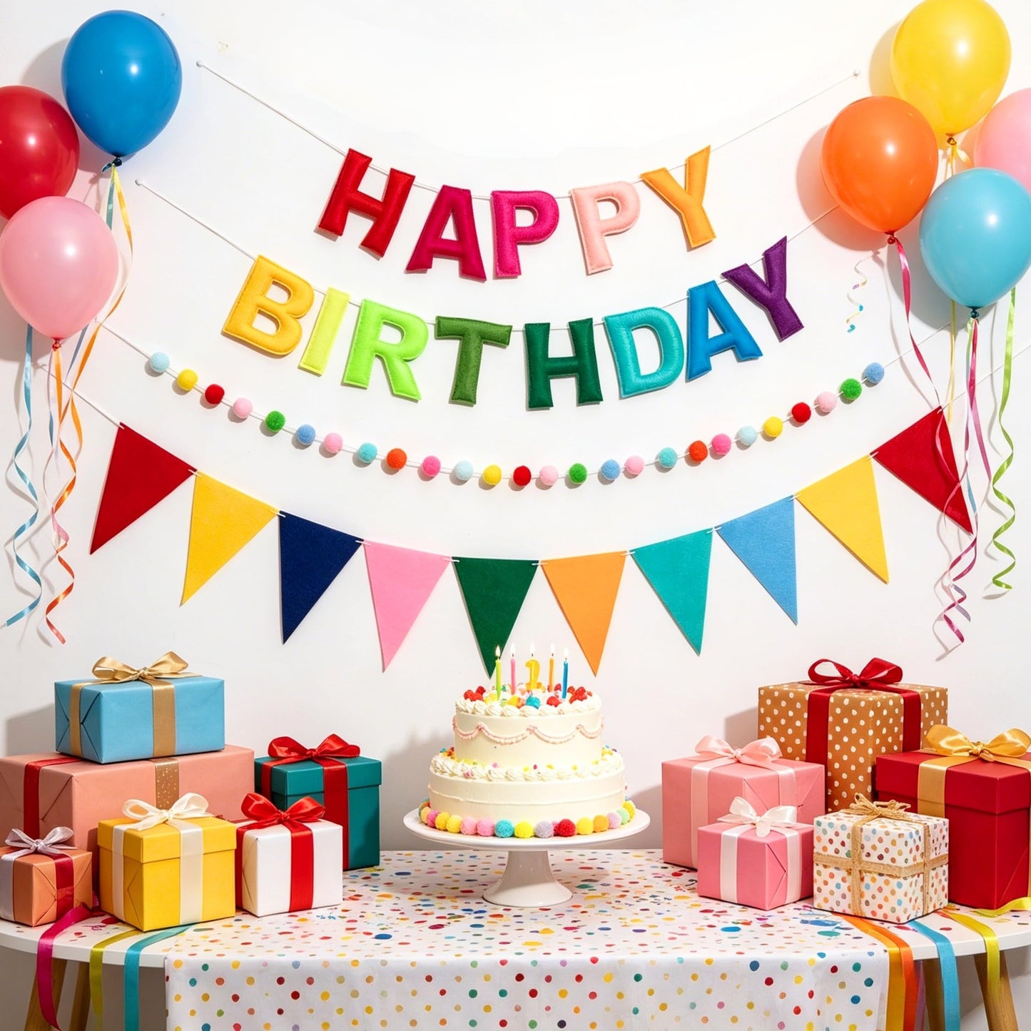IKMVZM Felt Happy Birthday Banner Set, Pre-Strung 3D Happy Birthday Banner with Pom Pom Garland & Triangle Bunting, Colorful Reusable Birthday Party