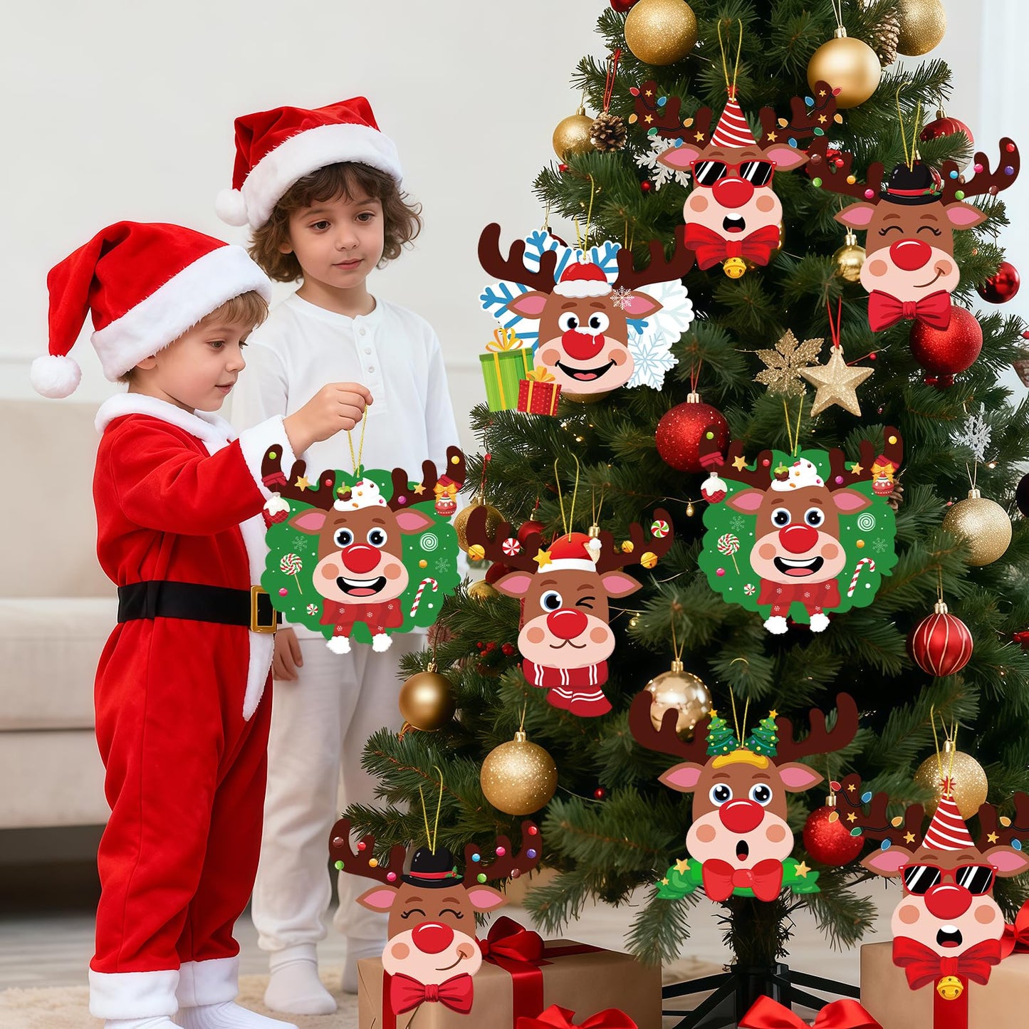 60 Pcs Christmas Reindeer Crafts for Kids Make Your Own Christmas Tree Ornaments Decoration Xmas Arts Making Craft with Stickers DIY Paper Holiday
