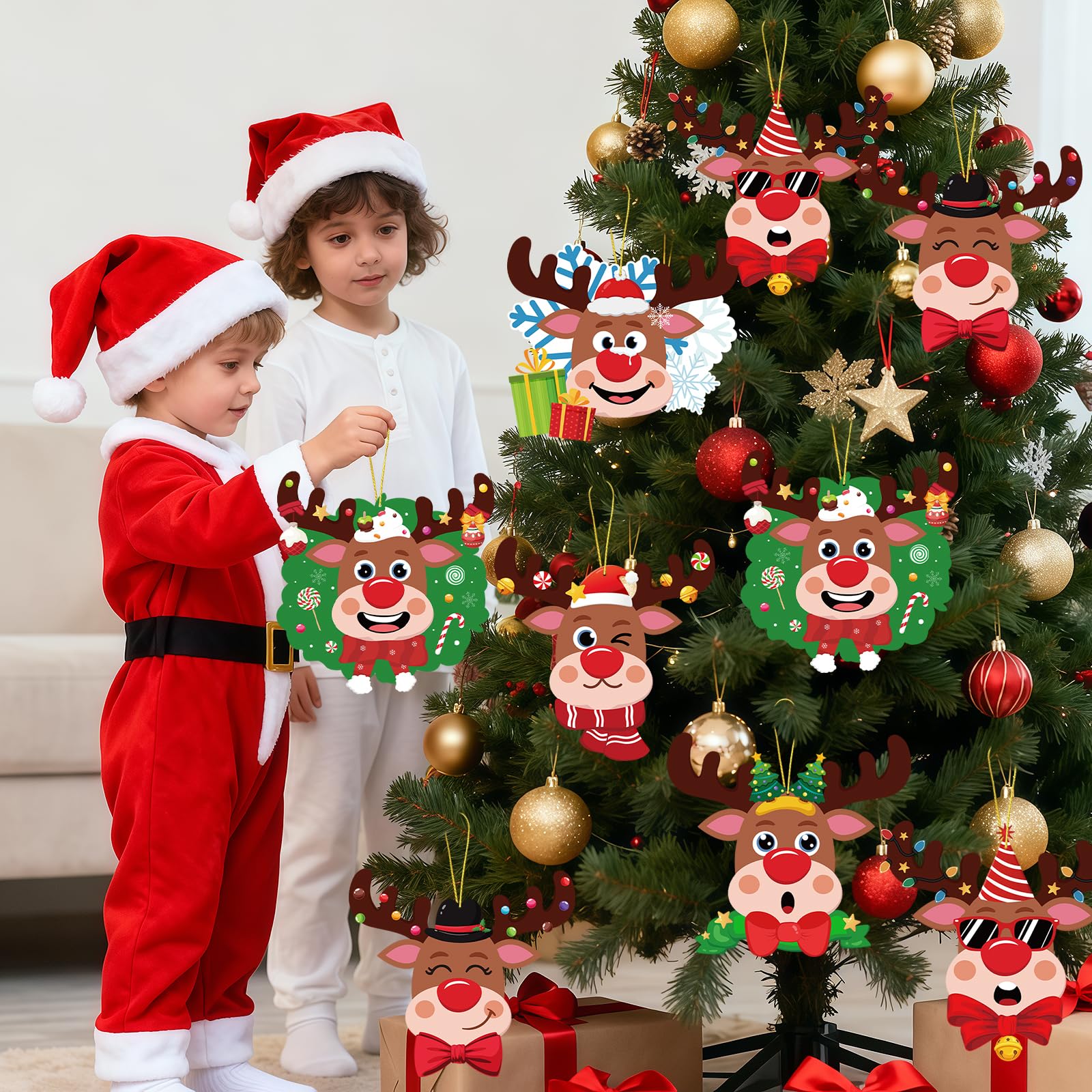 60 Pcs Christmas Reindeer Crafts for Kids Make Your Own Christmas Tree Ornaments Decoration Xmas Arts Making Craft with Stickers DIY Paper Holiday