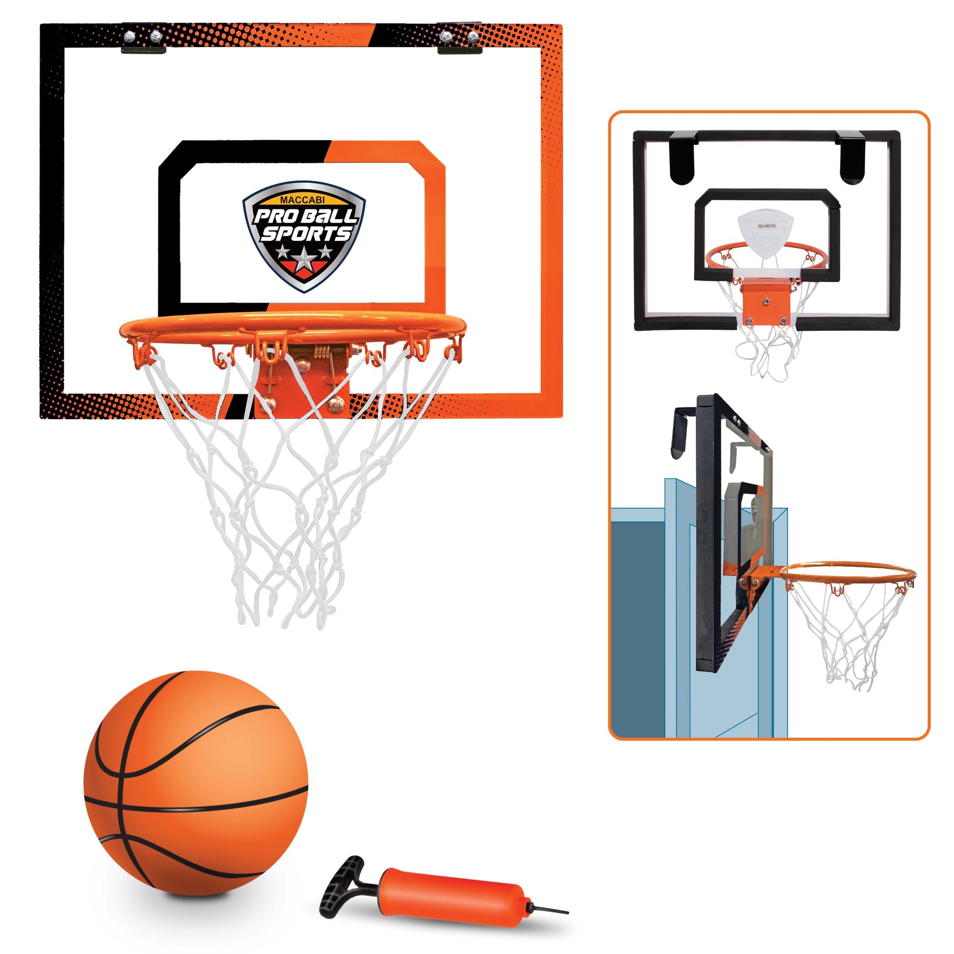 Maccabi Art - Over-The-Door Basketball Set - Clear Backboard, Easy Installation, and All-Inclusive Kit