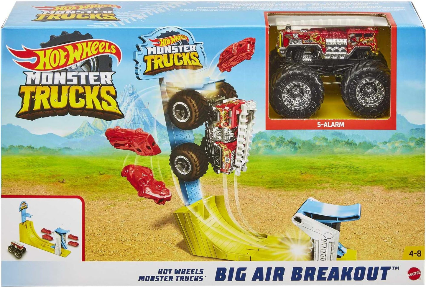 Hot Wheels Monster Trucks Big Air Breakout Play Set with 5 Alarm 1:64 Scale die-cast Metal Body Monster Truck 4 Plastic Crushed Cars 1 Slam Launcher