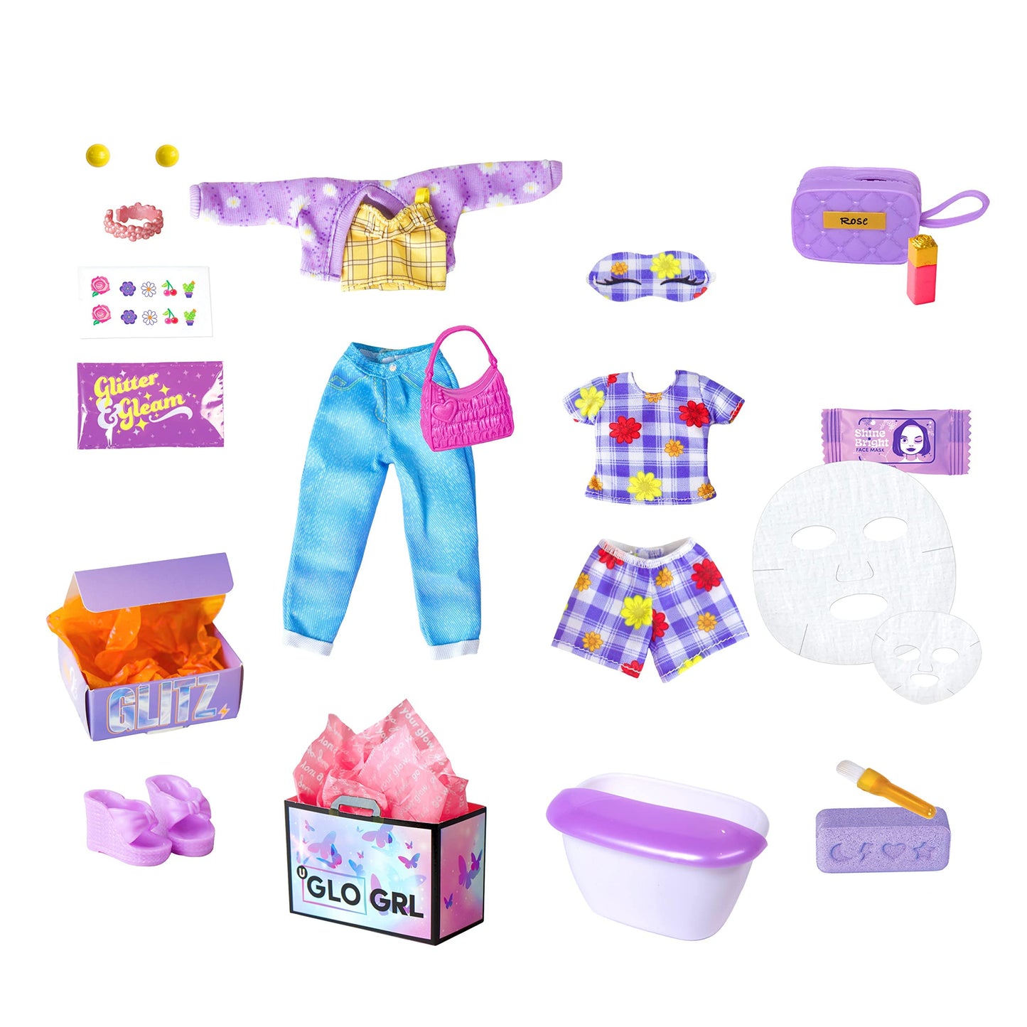 Far Out Toys GLO-UP Girls Rose Redhead Fashion Doll, 25 Fabulous Suprises, Accessories, Purses, Bath Bomb, Spa Face Masks, Color-Changing Nail Play