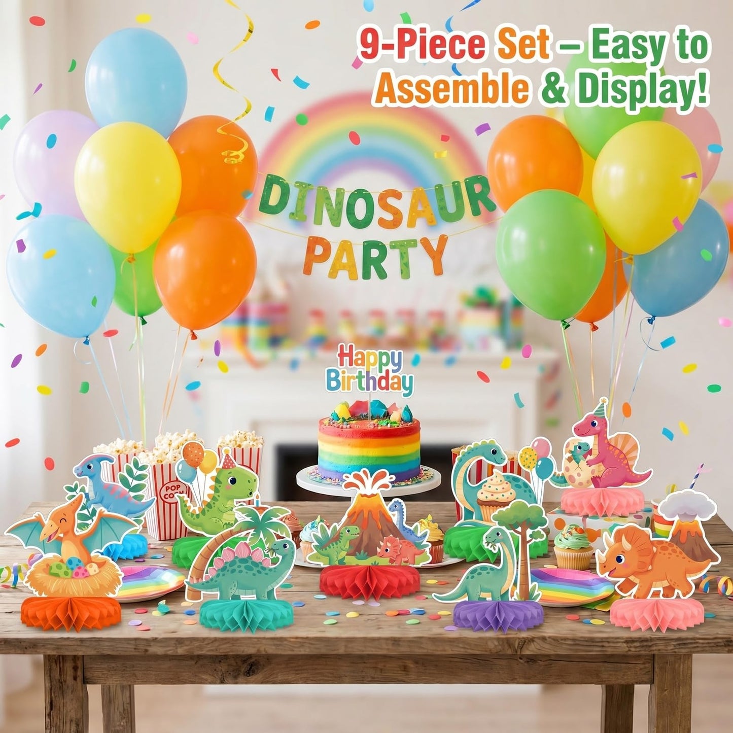 9 PCS Dinosaur Birthday Party Decorations Set with 3D Honeycomb Centerpiece and Balloons, Prehistoric Themed Table Decor for Adults, Dino Party