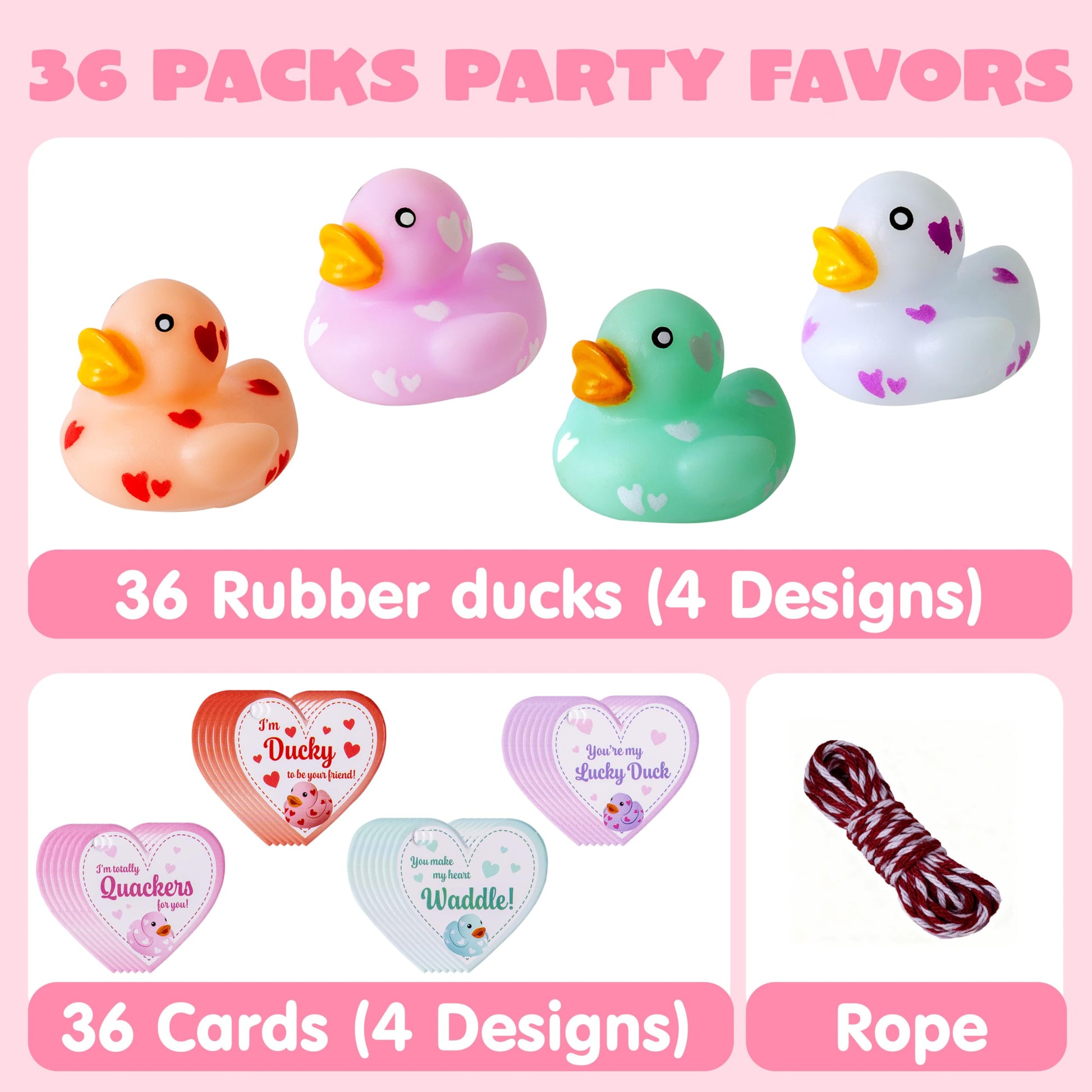 JOYIN 36 Pcs Valentine’s Day Mini Rubber Ducks with Cards for Kids, 4 Colors Duckies Bath Toys with 4 Card Designs for Classroom Exchange Prizes