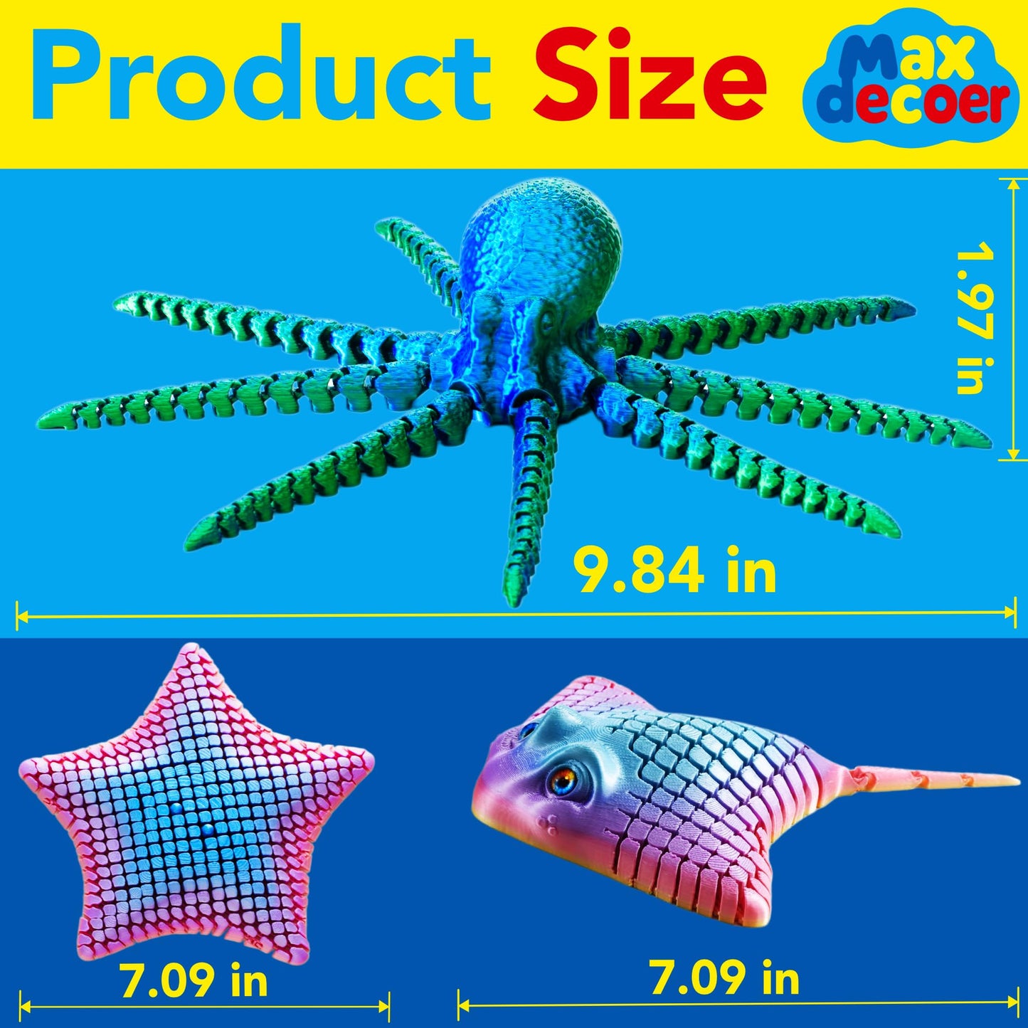 Maxdecoer Large 3 Pcs 3D Printed Articulated Sea Animals, Flexible Octopus Ray and Starfish Desk Pets, Ocean Fidget Toys for Kids Adults, Sensory Desk