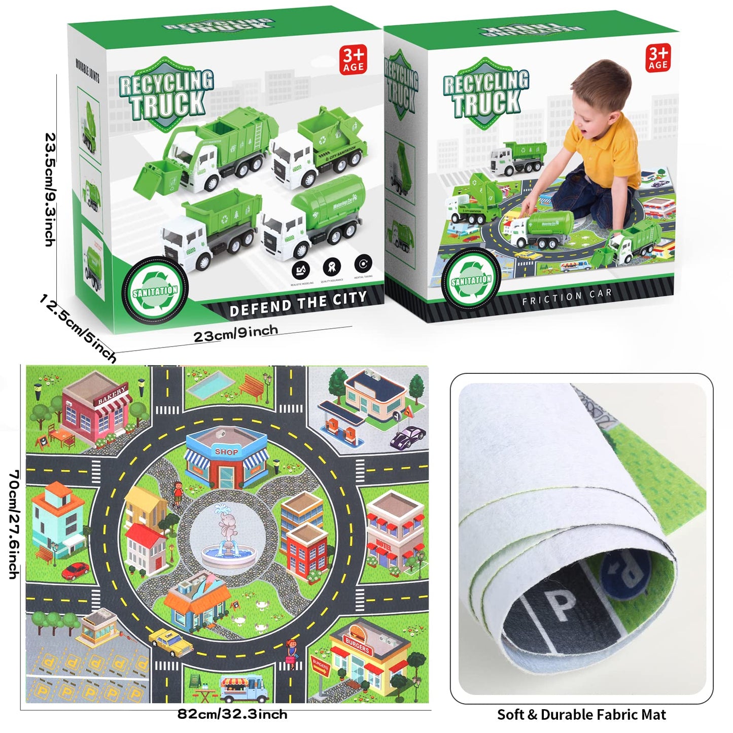 Garbage Truck Toy Vehicles Playset w/Play Mat,Friction Powered Sanitation Truck/Dump Truck/Tipper/Water Tanker,8 Pcs Signposts,6 Pcs Mini Engineer