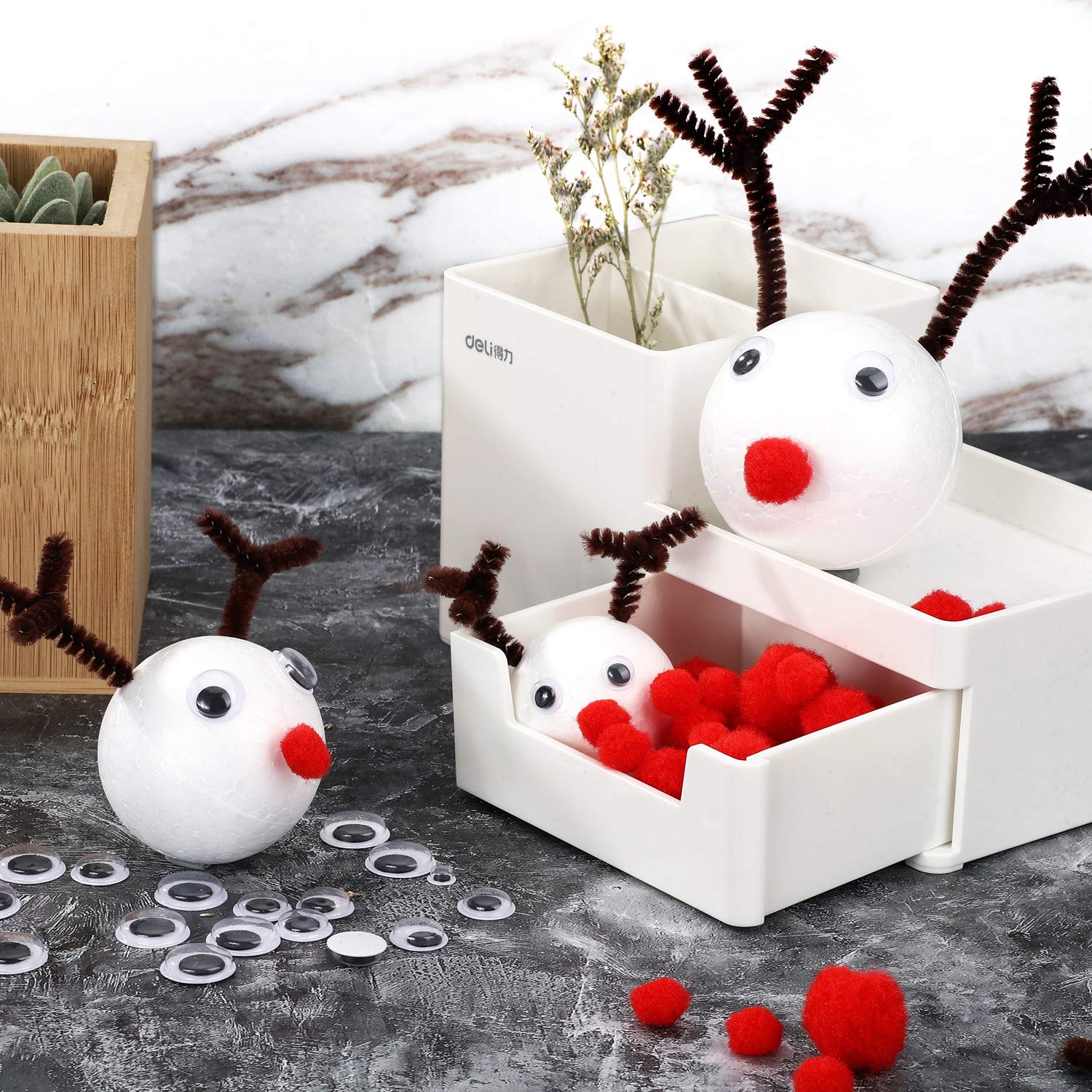 450 Pieces Christmas Pipe Cleaners Sets, Including 100 Pieces Brown Chenille Stem, 200 Pieces Red Pom Poms and 150 Pieces Self Adhesive Wiggle Eyes