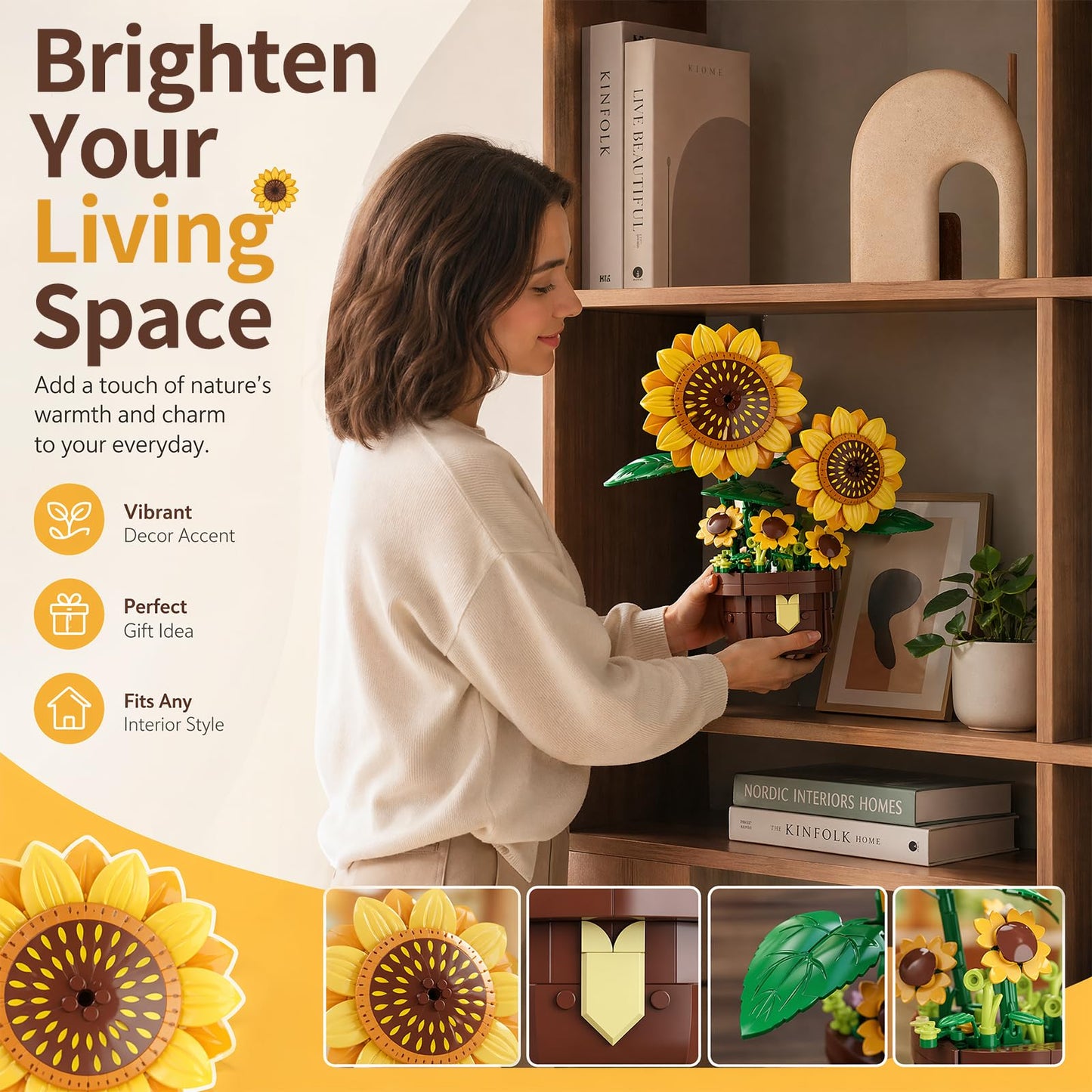 FNSJFYZS Sunflower Building Blocks Set, Artificial Flower Bonsai Model Kit for Adults, Creative Botanical Collection, Home Office Desk Decor, Ideal