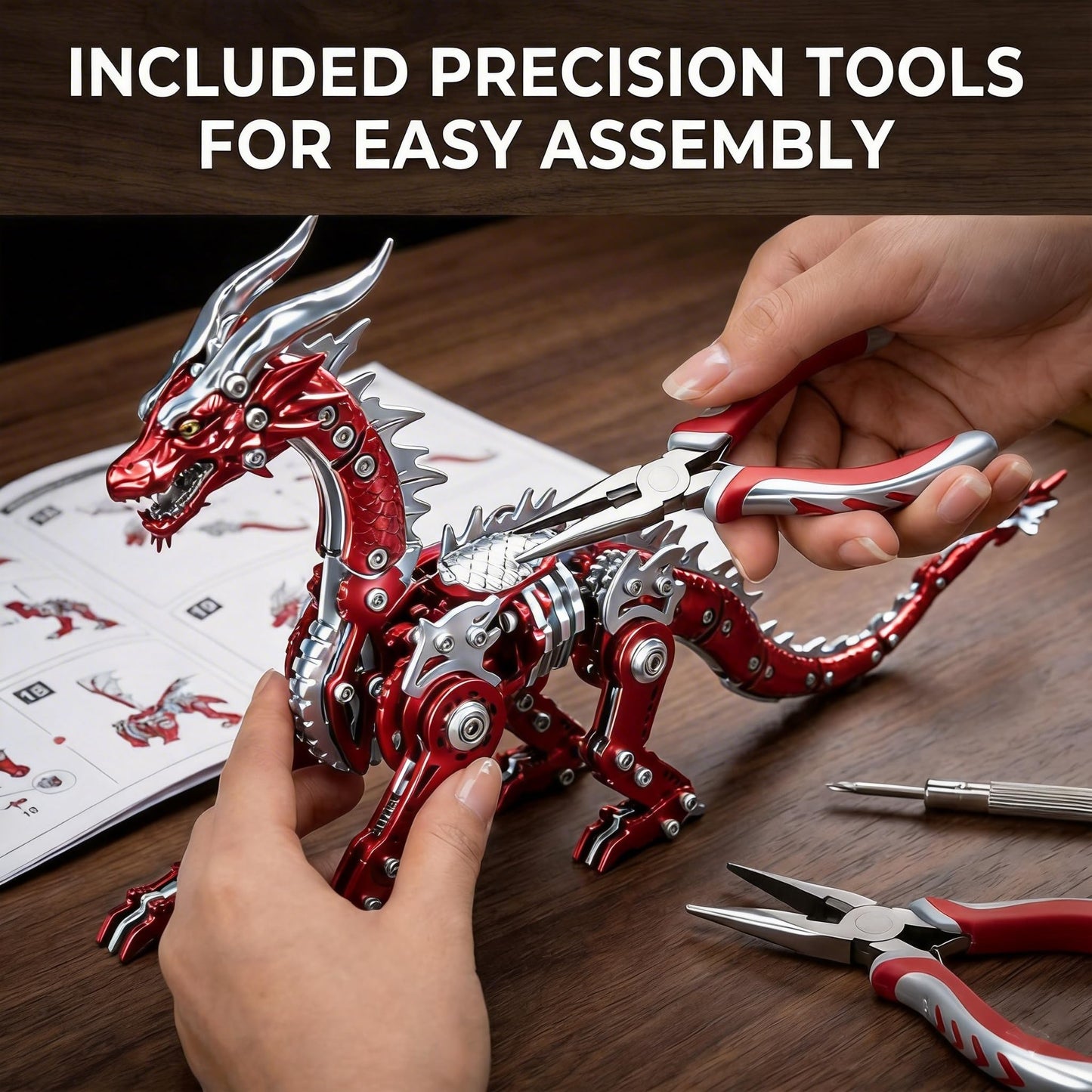 LONGPIN 3D Model Kits for Adults,Metal Dragon Puzzle Building Set,Collectible Mechanical Engineering Crafts for Home Office Decoration & Gift?Red?