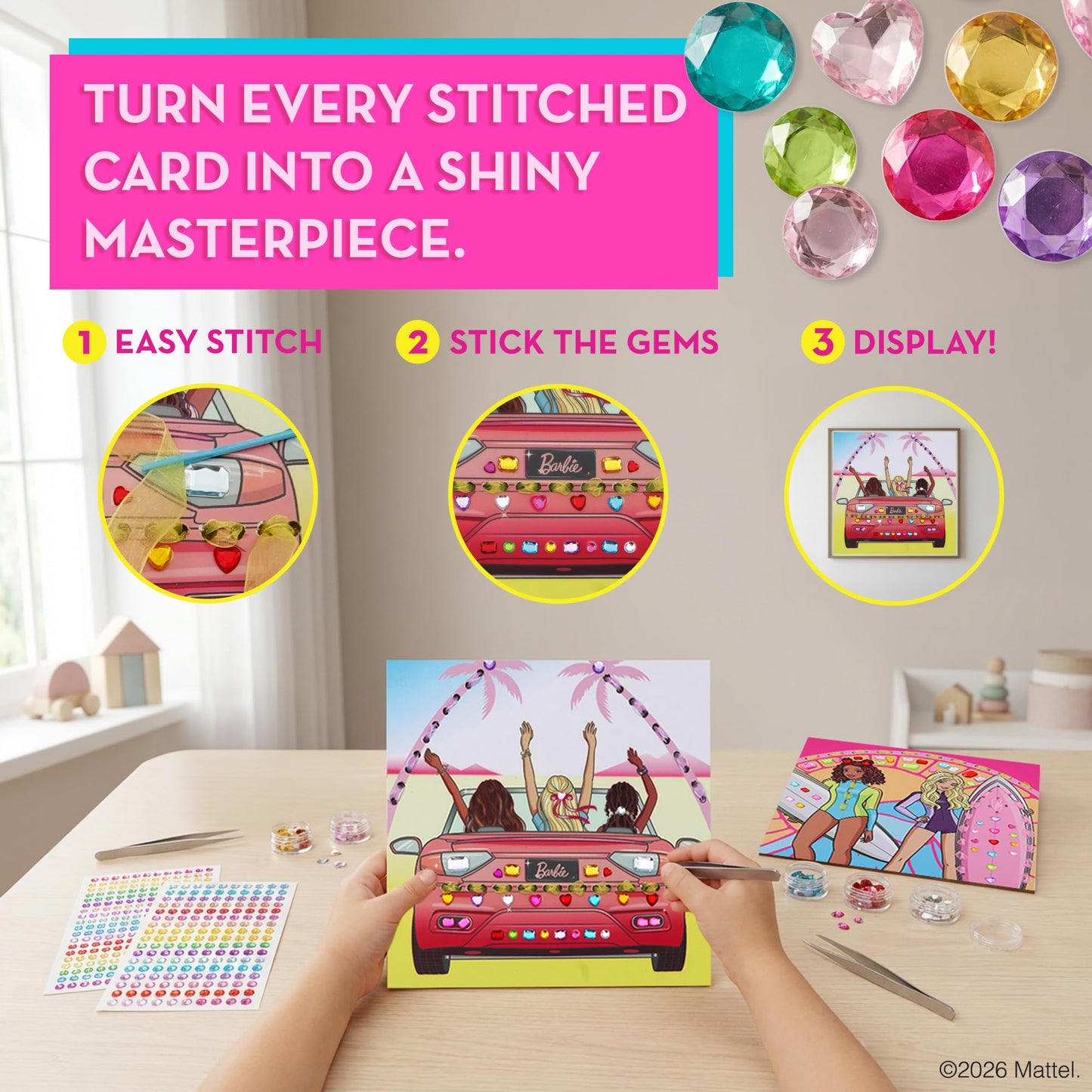 Barbie® Gem Sticker Kit for Kids Ages 4-8 - 8 Gem Sticker Art Stitch Cards with Satin Ribbons | Barbie Arts and Crafts, Craft Kit for Girls