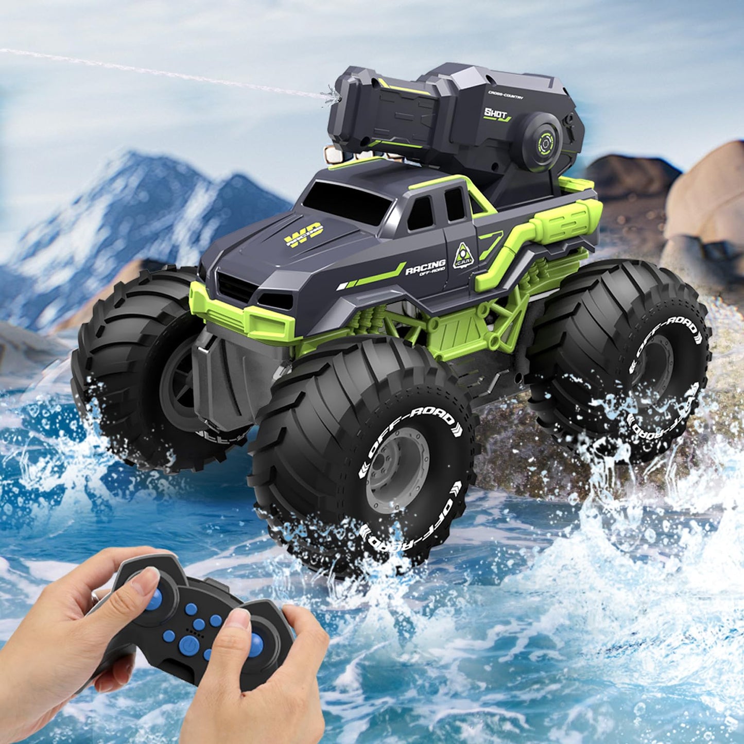 MOMONOVA 3-in-1 Amphibious Remote Control Car RC Boat with Water Gun, Waterproof RC Monster Truck for Kids 4-7 8-12, 4WD All-Terrain Remote Control