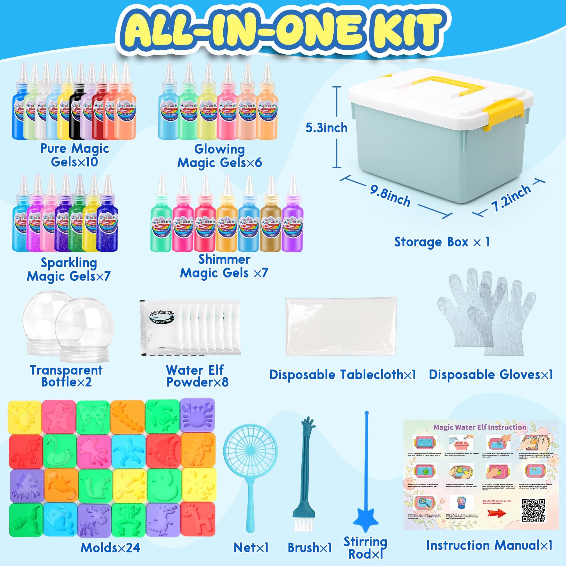 Nisuez Magic Water Elf Toy Kit with 30 Color Gels & 24 Molds, DIY Water Gel Making Kit, Make Your Own Squishies & Water Pets, Sensory Craft Kit