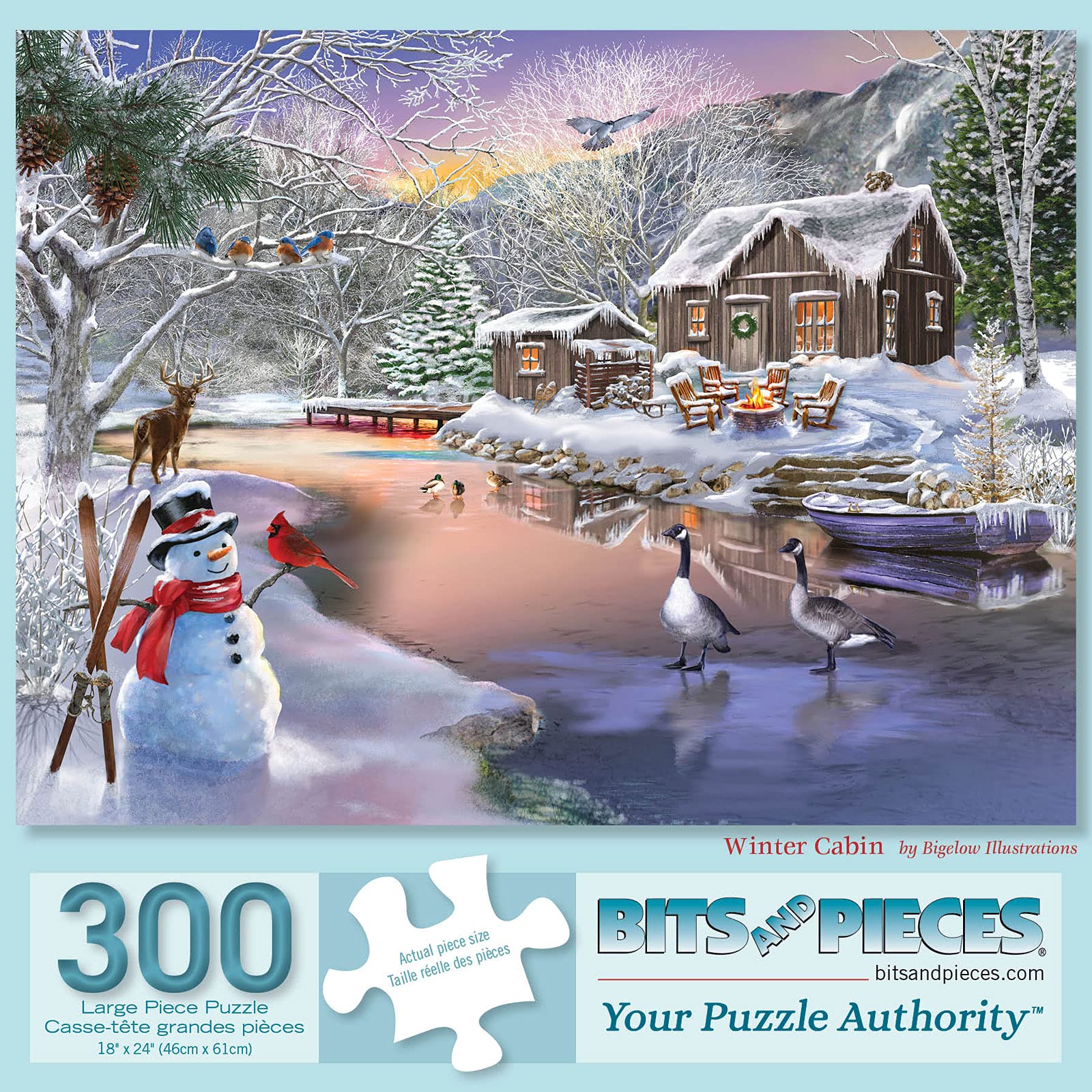 Bits and Pieces - 300 Piece Jigsaw Puzzle for Adults 18" x 24" - Winter Cabin - 300 pc Snow Forest River Mountain Snowman Nature Jigsaw by Artist