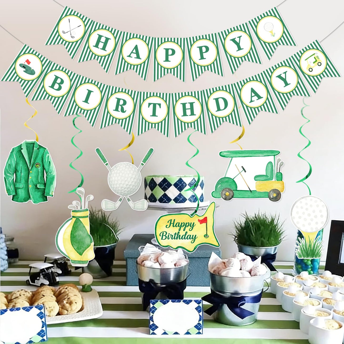 Golf Birthday Decorations - Golf Birthday Banner Hanging Swirls Hole In One Party Decorations for Kids Adults, Green