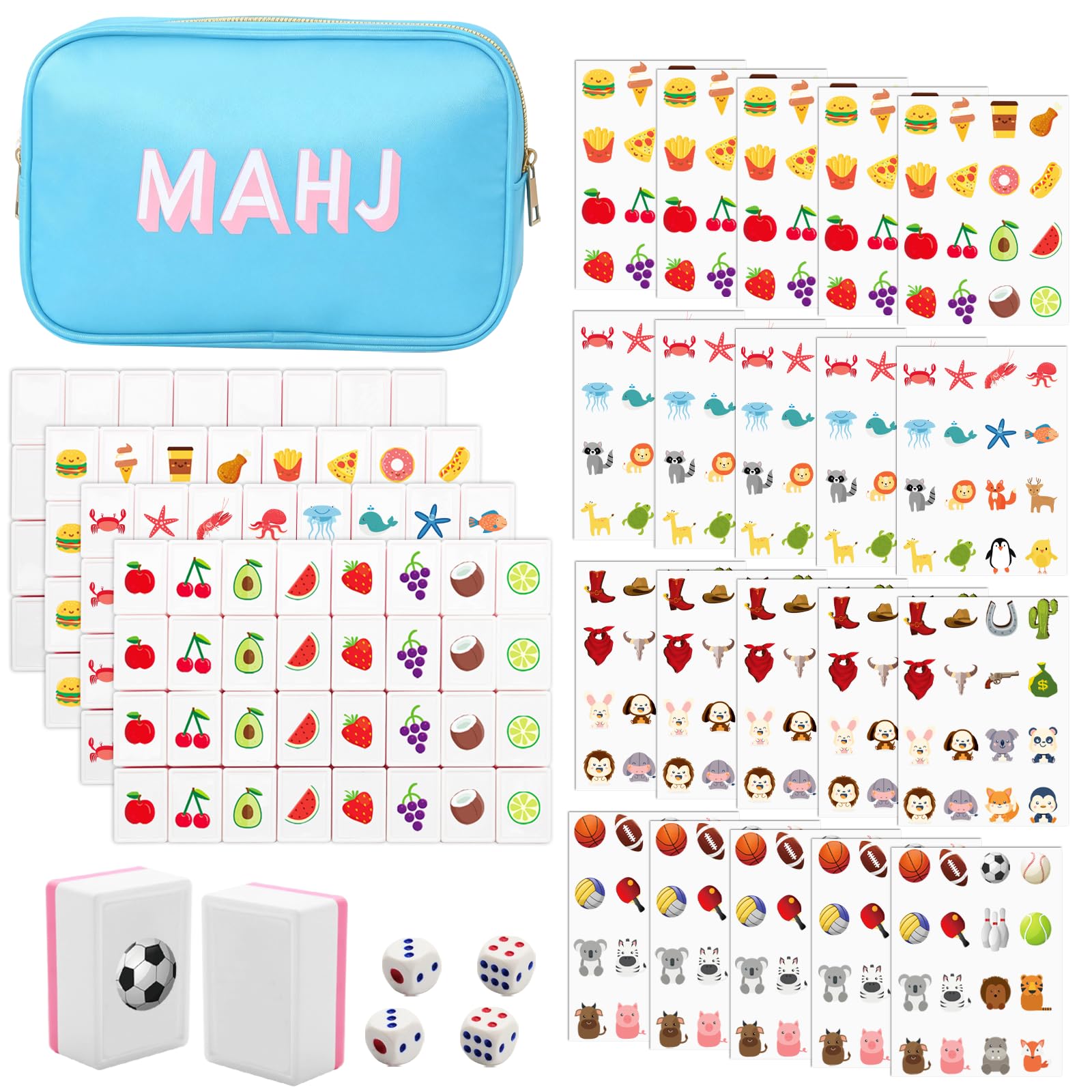 American Mahjong Game Set,Mahjong Tile Game,Mahjong Set with 128 Premium Pink Tiles(1.18'') Animal and Food Pattern with Handbag for picnics, Camping