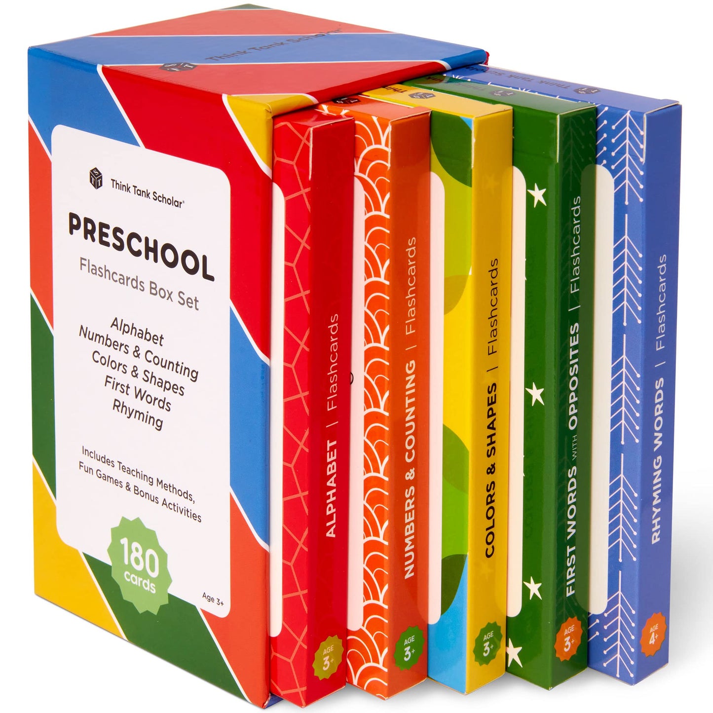 Award-Winning Flash Cards for Preschool & Kindergarten - 5-Deck Set, 180 Jumbo Cards - Learn Alphabet, Numbers, Colors, Shapes, First Words, Opposites