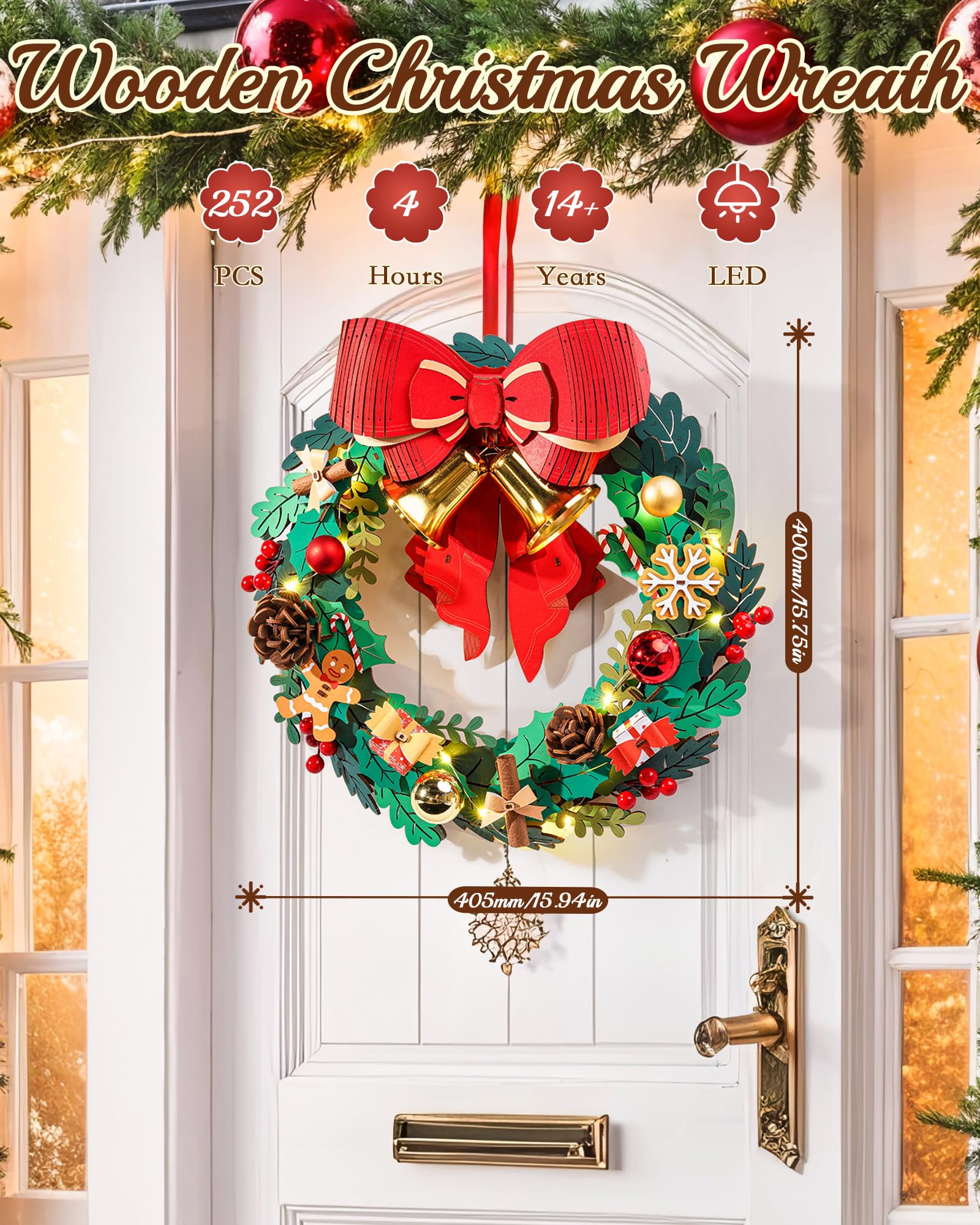 ROBOTIME Christmas Wreath with Red Bow, Pine Cones, Berries & Bells 3D Wooden Puzzles for Adults Creative Gifts for Holiday Window Fireplace Door