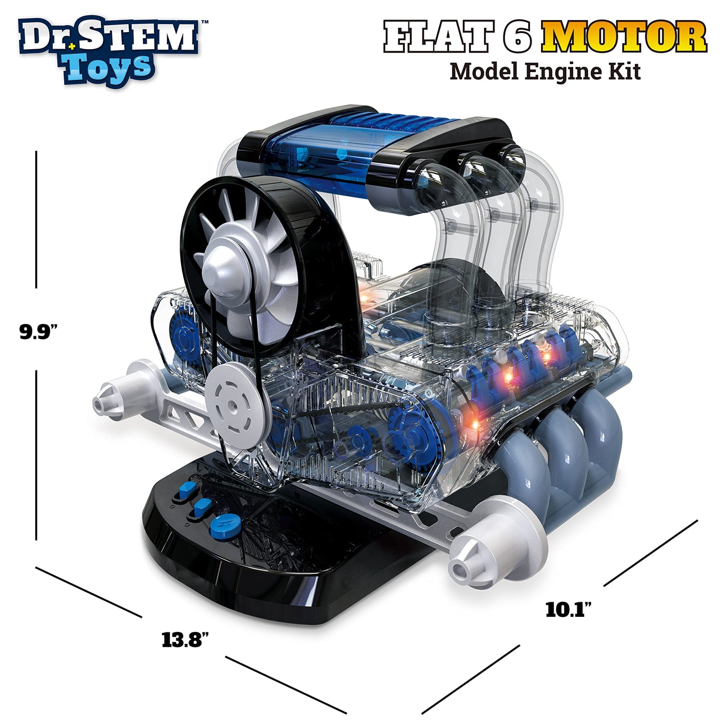 Dr. STEM Toys Model Engine Kit for Boys & Girls Ages 12+, Realistic Replica Flat 6 Motor Has Over 320 Parts, Real Motorized Action, LED Lights & Sound