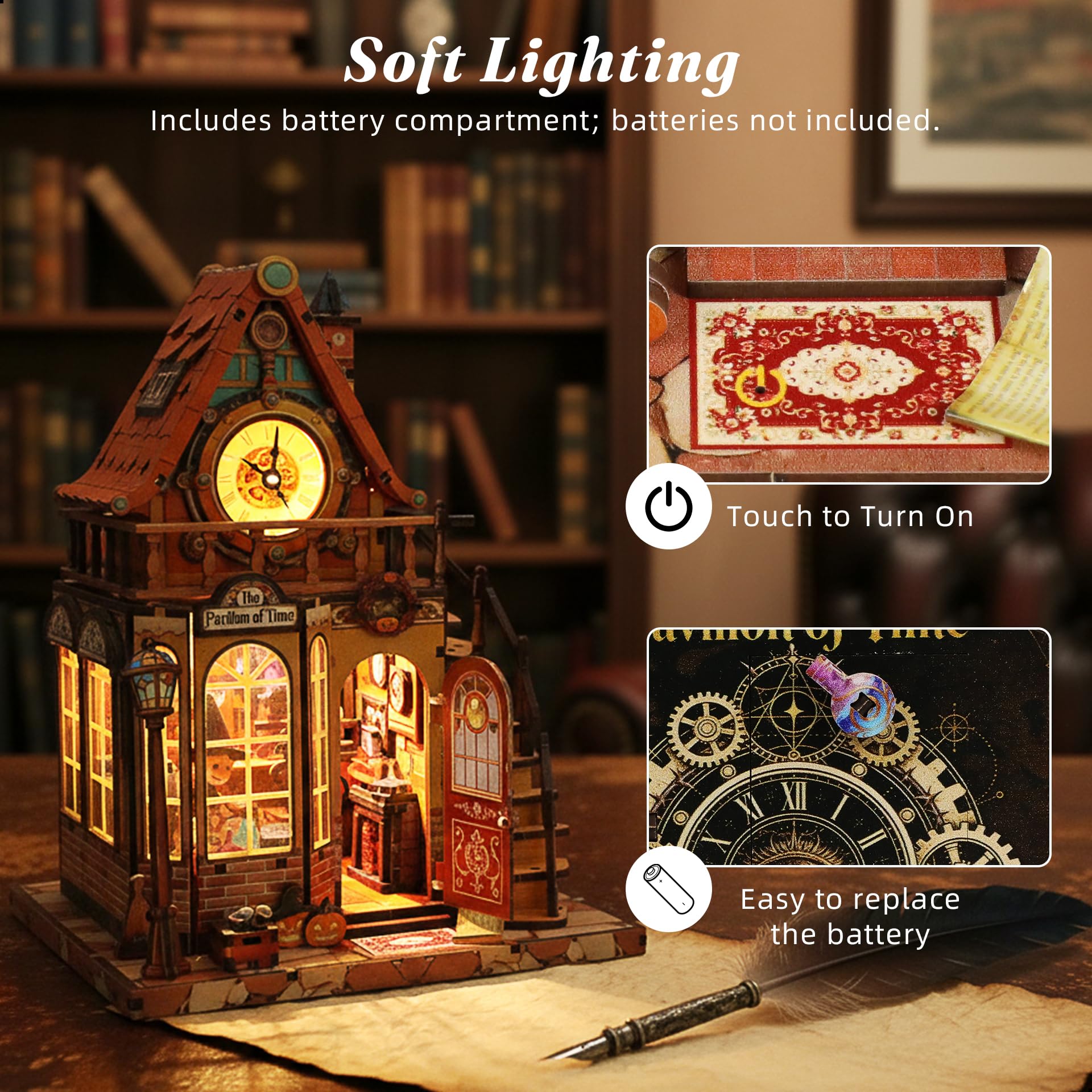KOLOTESAME Magic House Book Nook Kit, DIY Miniature House 3D Wooden Puzzle with LED Light, Bookshelf Insert Decor Tiny Dollhouse Building Kit